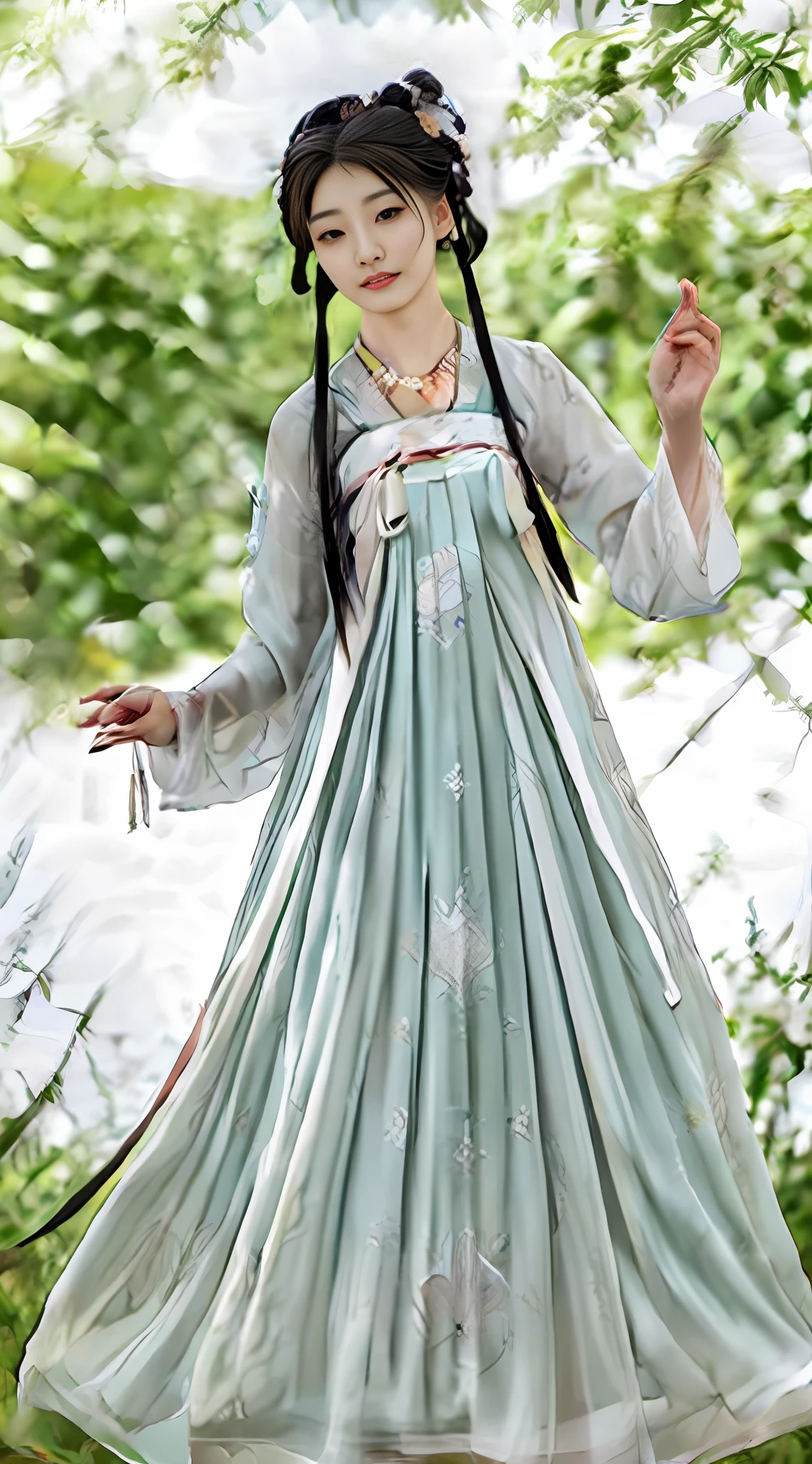 插画,20-year-old woman, detail face,detail eyes,intricate hanfu,,closeup shot,sit,发饰,项链,首饰,makeup,动态视角,blur background
