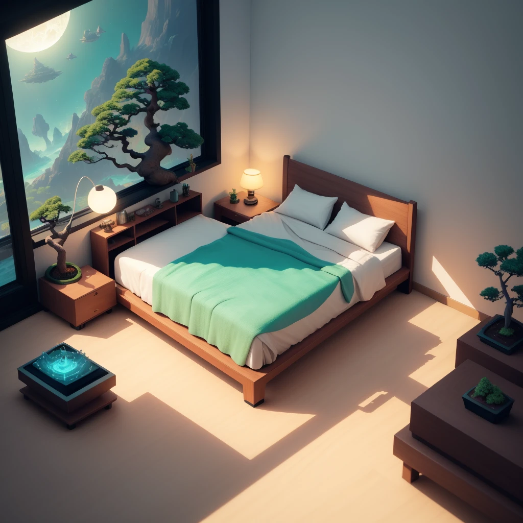 (isometric perspective: 1.5), futuristic style, room, bed, sofa, (small bonsai: 0.8), lamp, TV, mural, 3D, Disney, panorama, white background, monochrome background, global illumination, ray tracing, modeling, HDR, octane rendering, Unreal rendering, behance, dribbble, artstation, best quality, 8k,