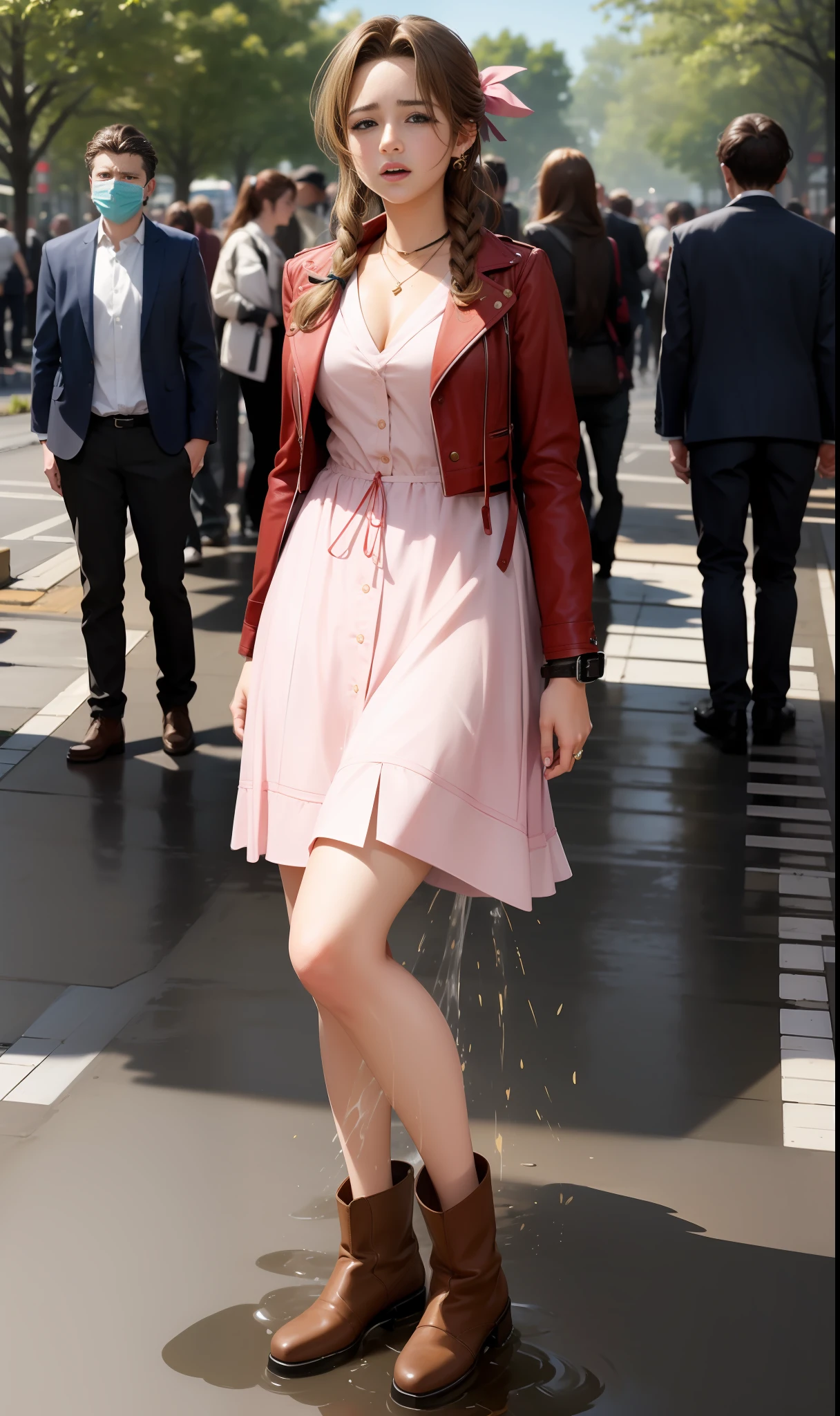 CG, perfect atwork, perfect female figure, Aerith Gainsboroug hholding small flower basket, peeing herself, peeing down her legs, surrounded by other people, standing in very busy midgar city street, green eyes, sunny, choker, cropped jacket, hair bow, bracelet, pink dress, brown ankle boots, looking down nervously, shy, embarrassed aroused and shocked, outdoors, standing legs crossed, a small puddle of her own urine is forming around her feet on the dry ground, very desperate to pee, peeing, wetting herself, urination, streaming tears, scared, despair, panicking, high detail, anime, Realism, anime style, Hyperrealism, masterpiece, highres, UHD, anatomically correct, high quality, super detail, high details, best quality, highres, award winning, 8k, textured skin