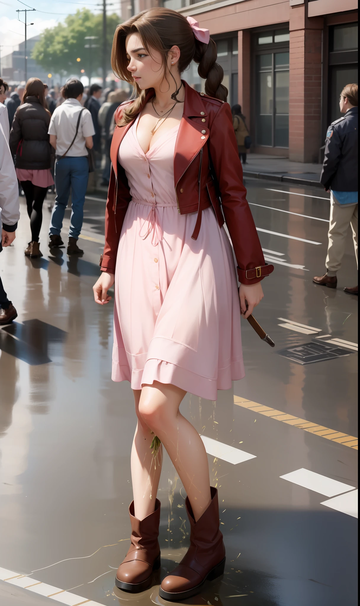 CG, perfect atwork, perfect female figure, Aerith Gainsboroug hholding small flower basket, peeing herself, peeing down her legs, surrounded by other people, standing in very busy midgar city street, sunny, choker, cropped jacket, hair bow, bracelet, pink dress, brown ankle boots, looking down nervously, shy, embarrassed aroused and shocked, outdoors, standing legs crossed, a small puddle of her own urine is forming around her feet on the dry ground, very desperate to pee, peeing, wetting herself, urination, streaming tears, scared, despair, panicking, high detail, anime, Realism, anime style, Hyperrealism, masterpiece, highres, UHD, anatomically correct, high quality, super detail, high details, best quality, highres, award winning, 8k, textured skin