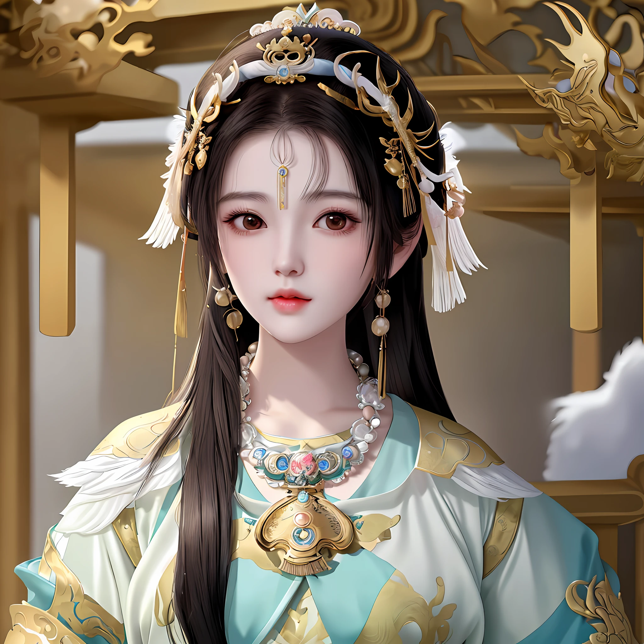 a close up of a woman with a necklace on her neck, ruan jia beautiful!, young wan angel, heise-lian yan fang, queen of the sea mu yanling, yun ling, chinese princess, sha xi, a young woman as genghis khan, xue han, young cute wan asian face, yan, with very thin lips