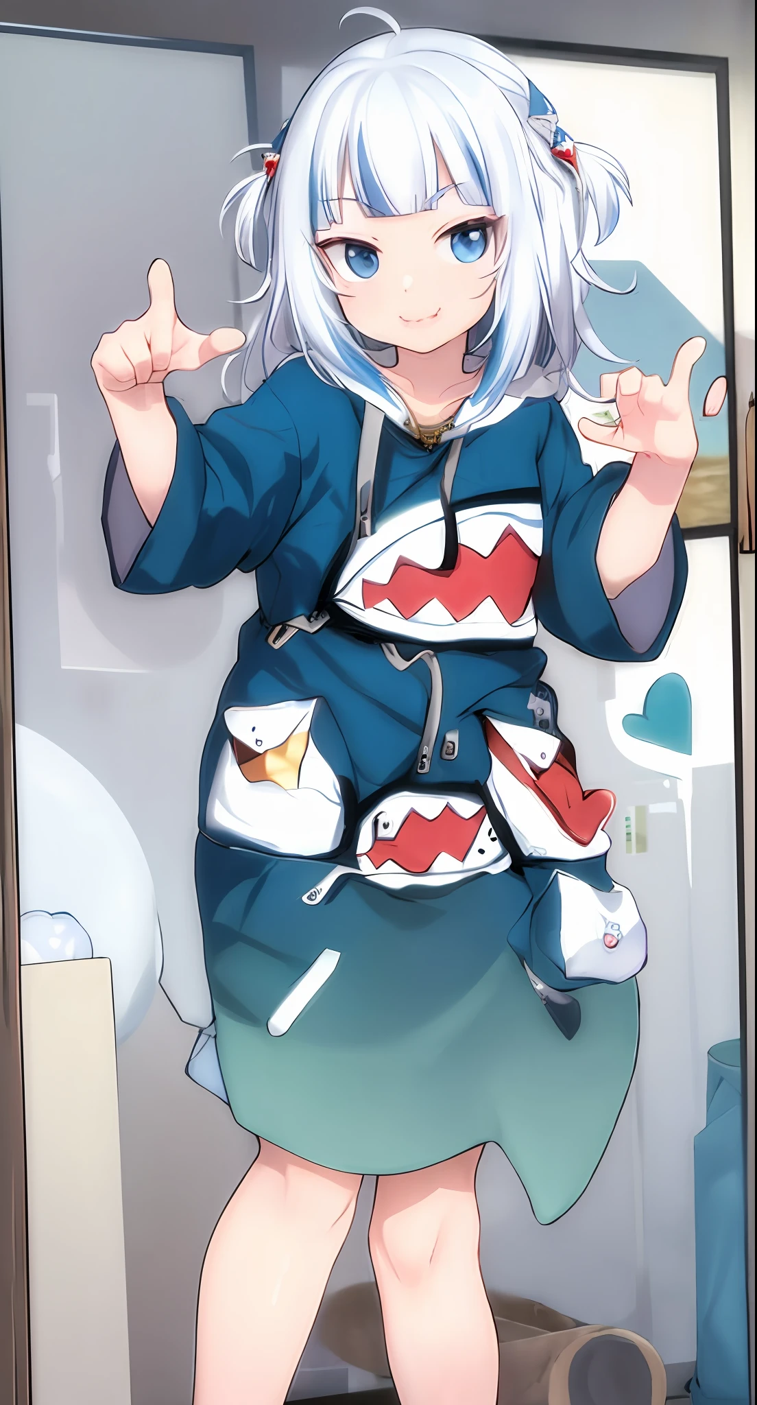 masterpiece, best quality,Gawr Gura, pointing at viewer,five fingers