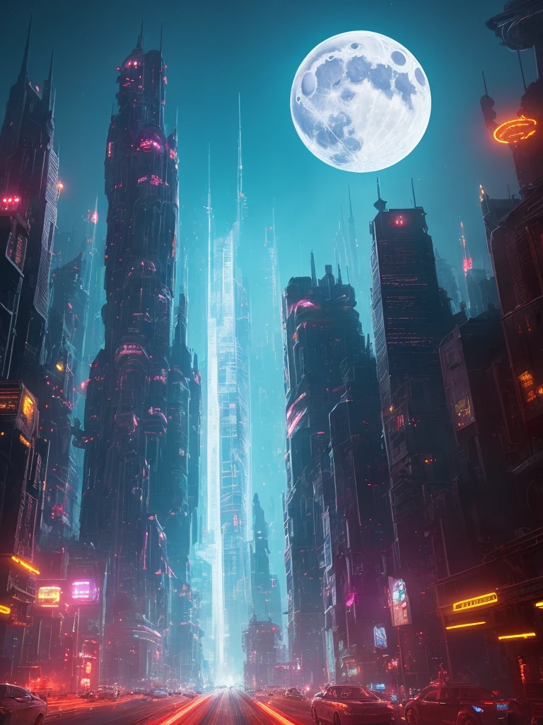 (highly detailed:1.2),(best quality:1.2),(8k:1.0),(emb-rrf-low:1.0),sharp focus,(award-winning photograph:1.2), (subsurface scattering:1.1), Futuristic cityscape with towering skyscrapers, neon-lit streets, flying cars, holographic billboards, and a full moon backdrop, by Robert Broomfield, 3D art, photorealistic, hyper-detailed, dystopian, trending on ArtStation, cinematic lighting, sci-fi, and fantasy.