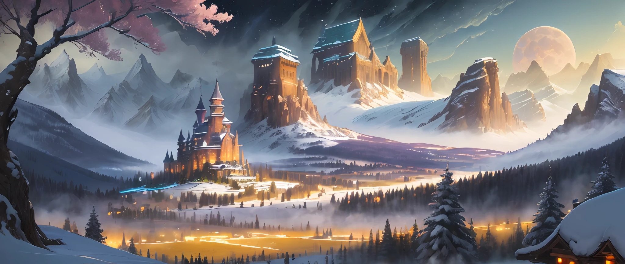 (masterpiece, illustration, best quality, detailed,highres:1.4), in the distance
colorful, vibrant, lush, volumetric lighting, contrast, 
From a distance, depth of field 
scenery, landscape painting, concept art, intricate tiny details, stylized, 
cloudy skies, moonlit night starry skies
Fantasy, ancient kingdom city [colosseum|sagrada|basilica] scenery
snow, waterfall, 
blooming trees grass flowers 
 Rocky Mountains and forest snow in the background 
   , (fantasy magic:1.4)