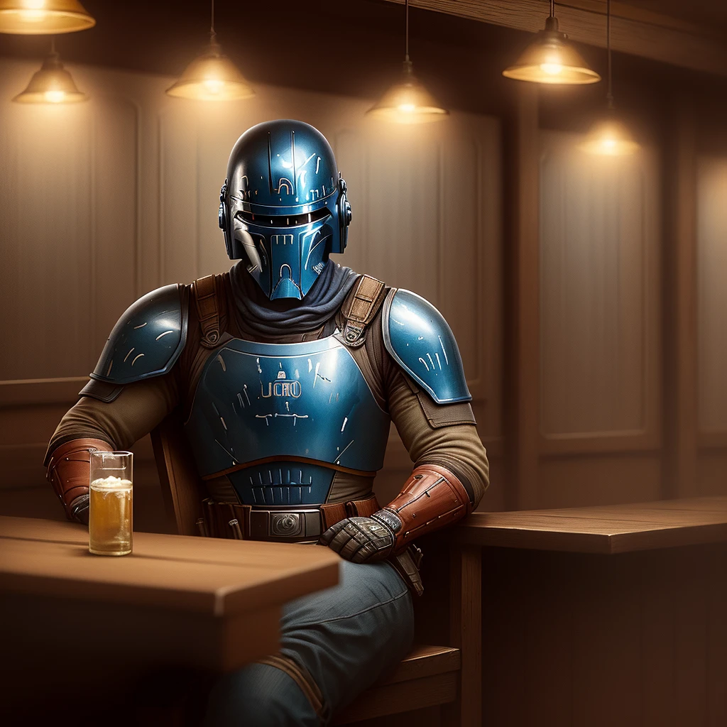 Jango Fett sitting in old western tavern movie wallpaper, movie grain, gritty, soft focus, full of light, movie lights, movie still frames