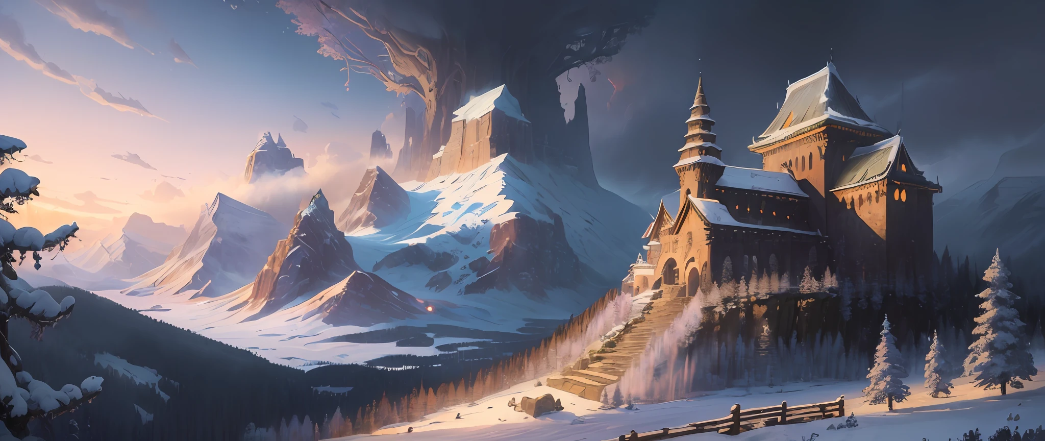 (masterpiece, illustration, best quality, detailed,highres:1.4), in the distance
colorful, vibrant, lush, volumetric lighting, contrast, 
From a distance, depth of field 
scenery, landscape painting, concept art, intricate tiny details, stylized, 
cloudy skies, moonlit night starry skies
Fantasy, ancient kingdom city [colosseum|sagrada|basilica] scenery
snow, waterfall, 
blooming trees grass flowers 
 Rocky Mountains and forest snow in the background 
   , (fantasy magic:1.4)