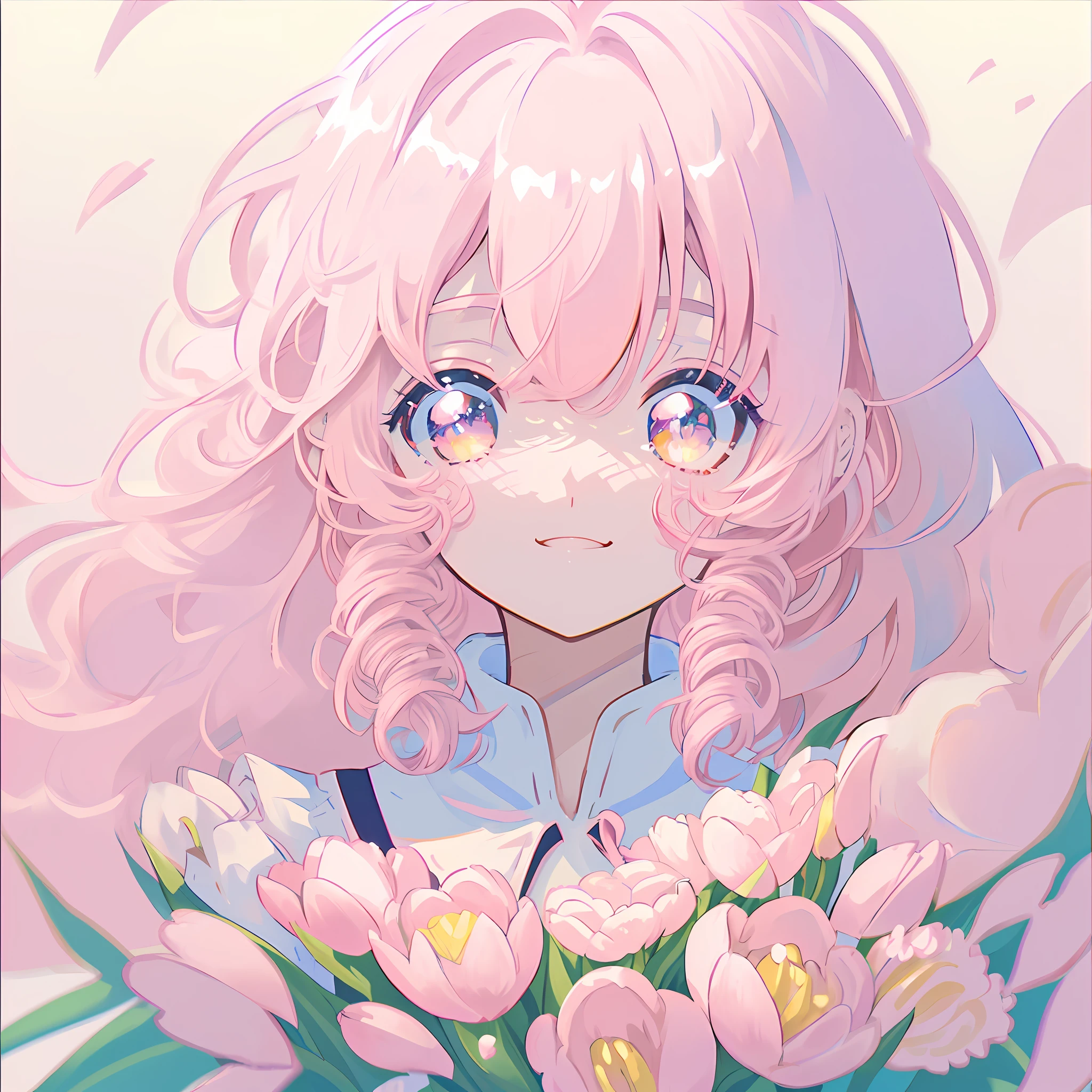 pink hair, anime, ghibli, anime style, close up, from side, first-person perspective, 8k, super detail, masterpiece,super detail, high quality, high resolution, high detail, white background, face detail, happiness, curly hair, tulips in hand, sideways, sideways,