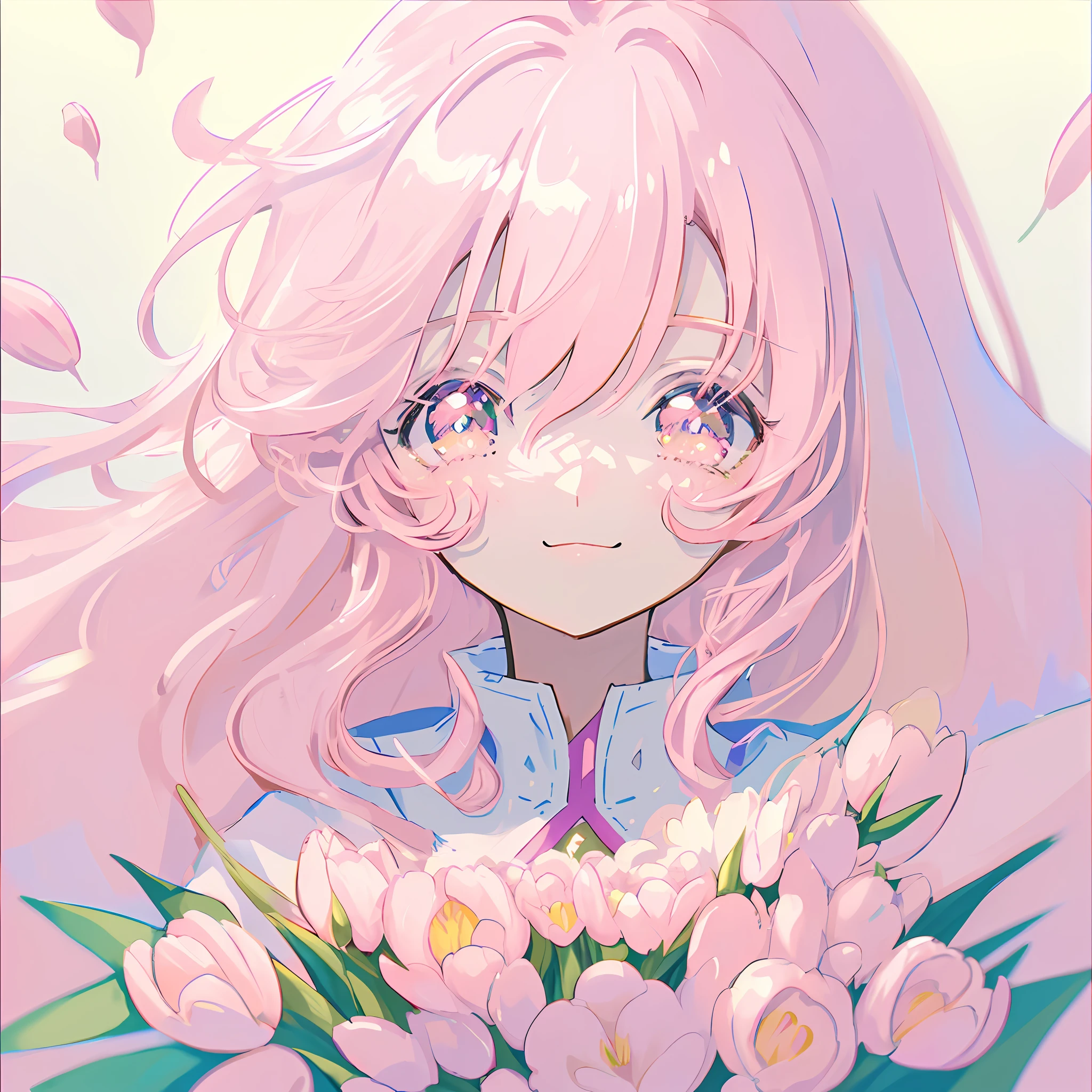 pink hair, anime, ghibli, anime style, close up, from side, first-person perspective, 8k, super detail, masterpiece,super detail, high quality, high resolution, high detail, white background, face detail, happiness, curly hair, tulips in hand, sideways, sideways,