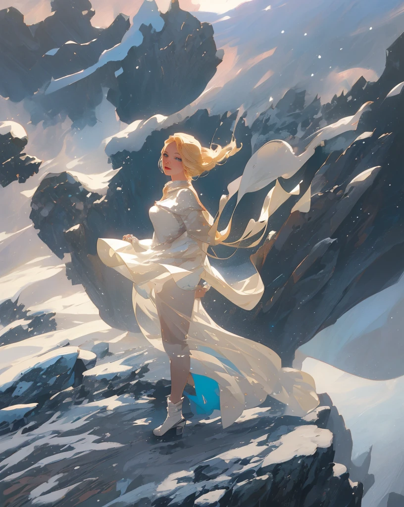 “Create a breathtaking masterpiece featuring a strikingly pretty young woman, with flowing backlit blonde hair, in a dynamic and emotional pose. Utilize stunning particle effects and a high-quality artistic composition that highlights the woman's motion as she stands atop snow-covered rocks.”