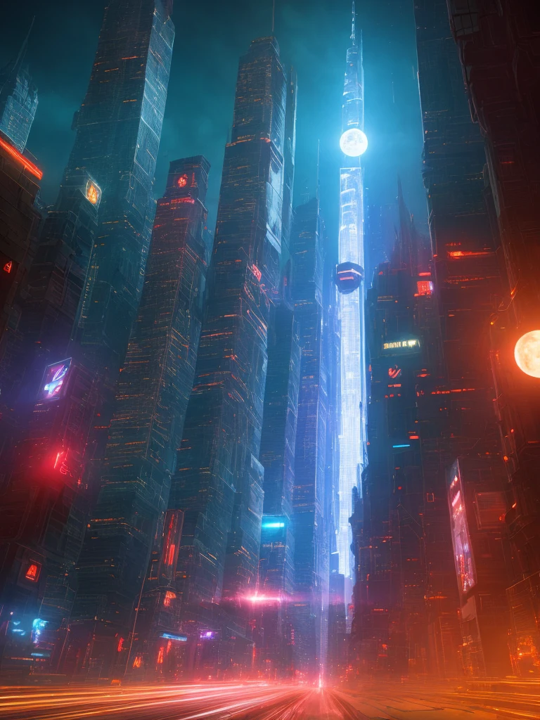 (highly detailed:1.2),(best quality:1.2),(8k:1.0),(emb-rrf-low:1.0),sharp focus,(award-winning photograph:1.2), (subsurface scattering:1.1), Futuristic cityscape with towering skyscrapers, neon-lit streets, flying cars, holographic billboards, and a full moon backdrop, by Robert Broomfield, 3D art, photorealistic, hyper-detailed, dystopian, trending on ArtStation, cinematic lighting, sci-fi, and fantasy.