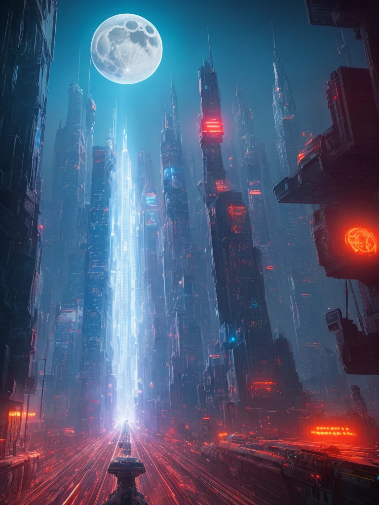 (highly detailed:1.2),(best quality:1.2),(8k:1.0),(emb-rrf-low:1.0),sharp focus,(award-winning photograph:1.2), (subsurface scattering:1.1), Futuristic cityscape with towering skyscrapers, neon-lit streets, flying cars, holographic billboards, and a full moon backdrop, by Robert Broomfield, 3D art, photorealistic, hyper-detailed, dystopian, trending on ArtStation, cinematic lighting, sci-fi, and fantasy.