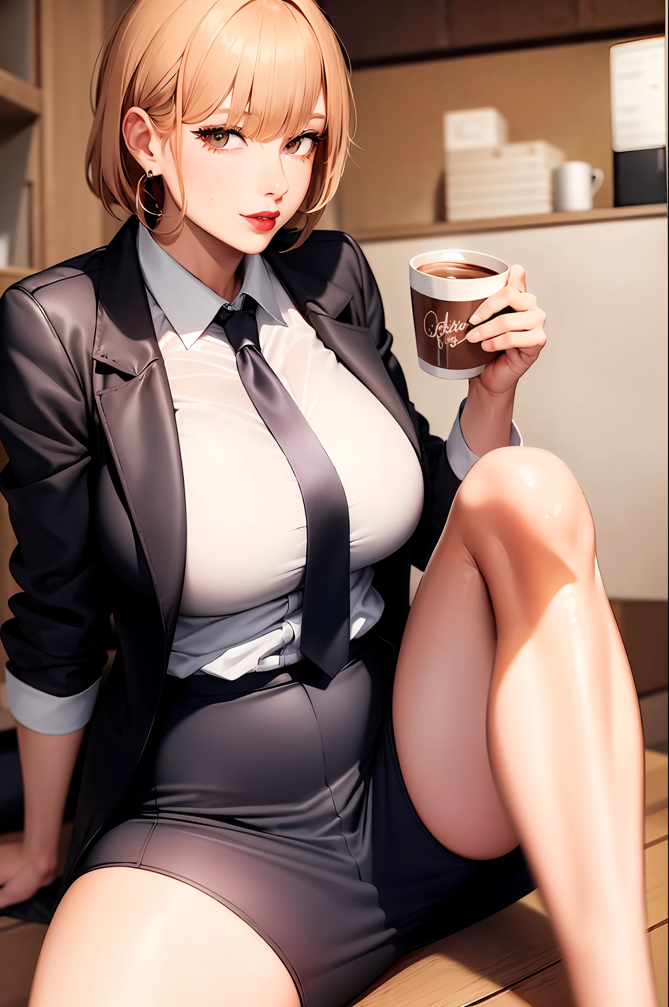 (masterpiece, best quality:1.2), 1girl, solo, sitting, office chair, desk, computer, coffee mug, short hair, large lips, bangs, blonde hair, brown eyes, large breasts, blue shirt, labcoat, pencil skirt, earrings, mole under eye, makeup, lipstick, red lips, legs crossed, leaning over,