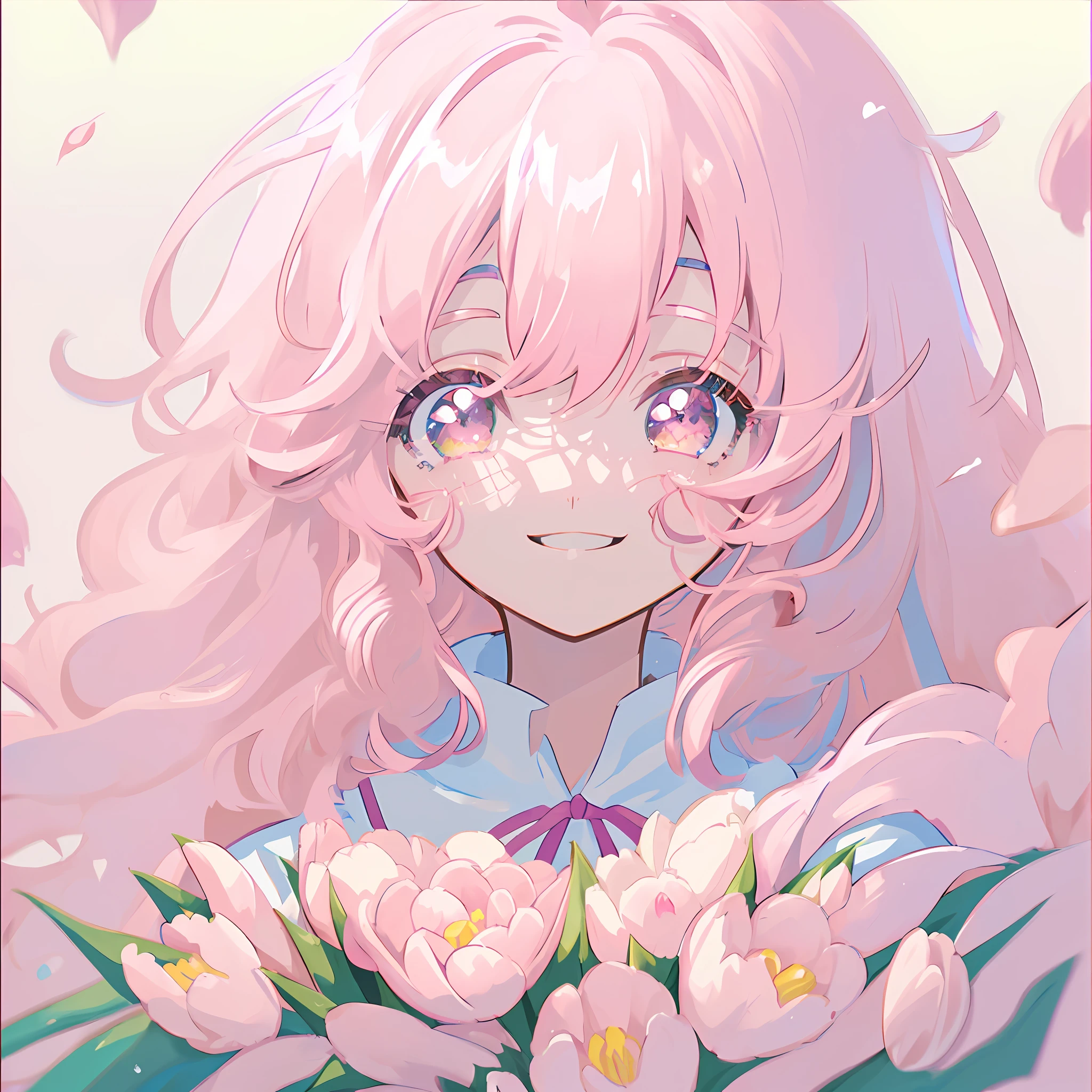 pink hair, anime, ghibli, anime style, close up, from side, first-person perspective, 8k, super detail, masterpiece, super detail, high quality, high resolution, high detail, white background, face detail, happiness, curly hair, tulips in hand, sideways, smile,