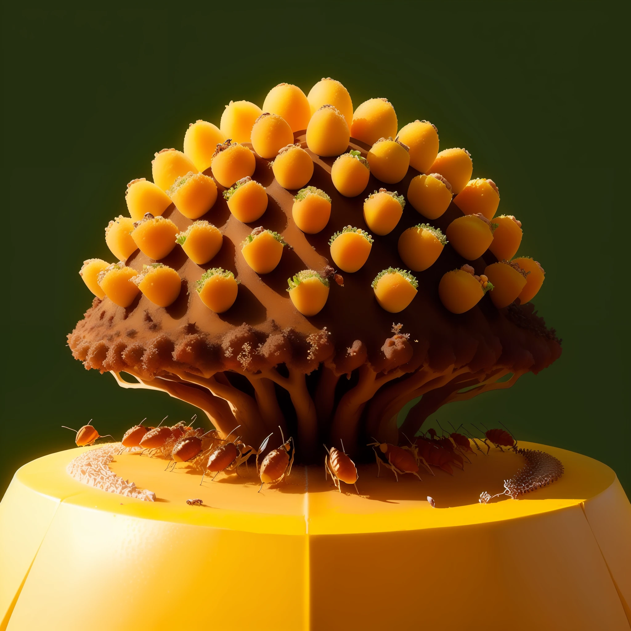 anthill made of a sliced realistic mango with small ants eating it