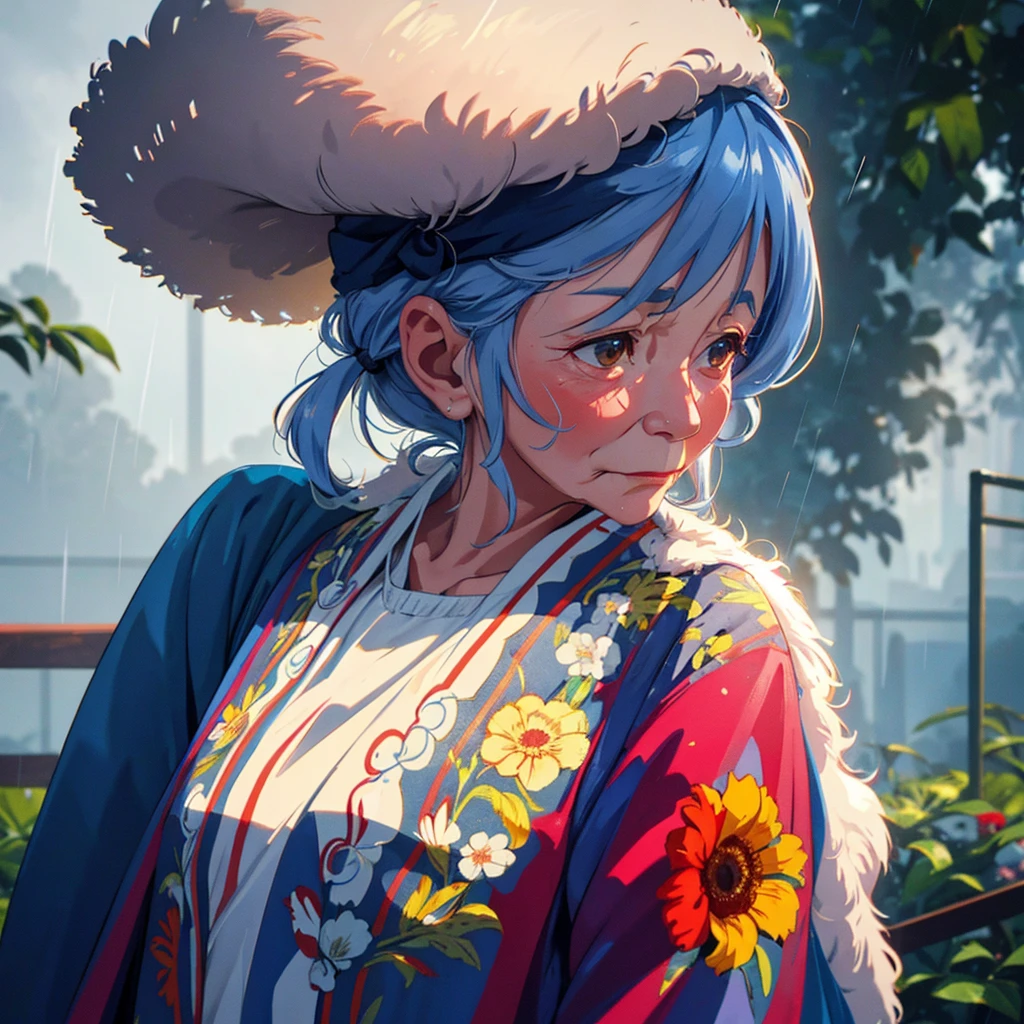 80-year-old grandmother, looking at the audience (casual expression), random scene, random weather, (color), (slow motion: 1.2), (soft light and shadow: 1.3)