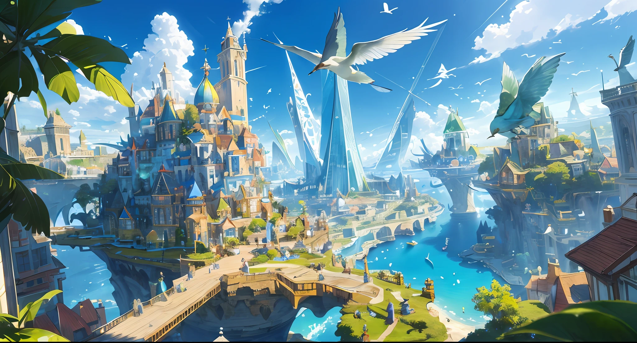 highres, ((materpiece)), ((4k)), best quality:1.2, cinematic lighting:0.9, amazing shadows, caravaggio style shadowing, ((amazing perspective:1.2)),
BREAK
depict a magical floating city in the sky, surrounded by sun and clouds, (vivid, colorful small island floating around), complex glass buildings:1.2, warm ambiance, iridescent light, ((green plants and colorful trees growing around)), ((amazing light, kaleidoscope)), fantasy art, official gme art, concept art:1.2
BREAK
depict a beautiful glass city with birds flying in the blue sky. create flags with a logo on it representing the city. gives this image a sense of traveling, and inspiration.