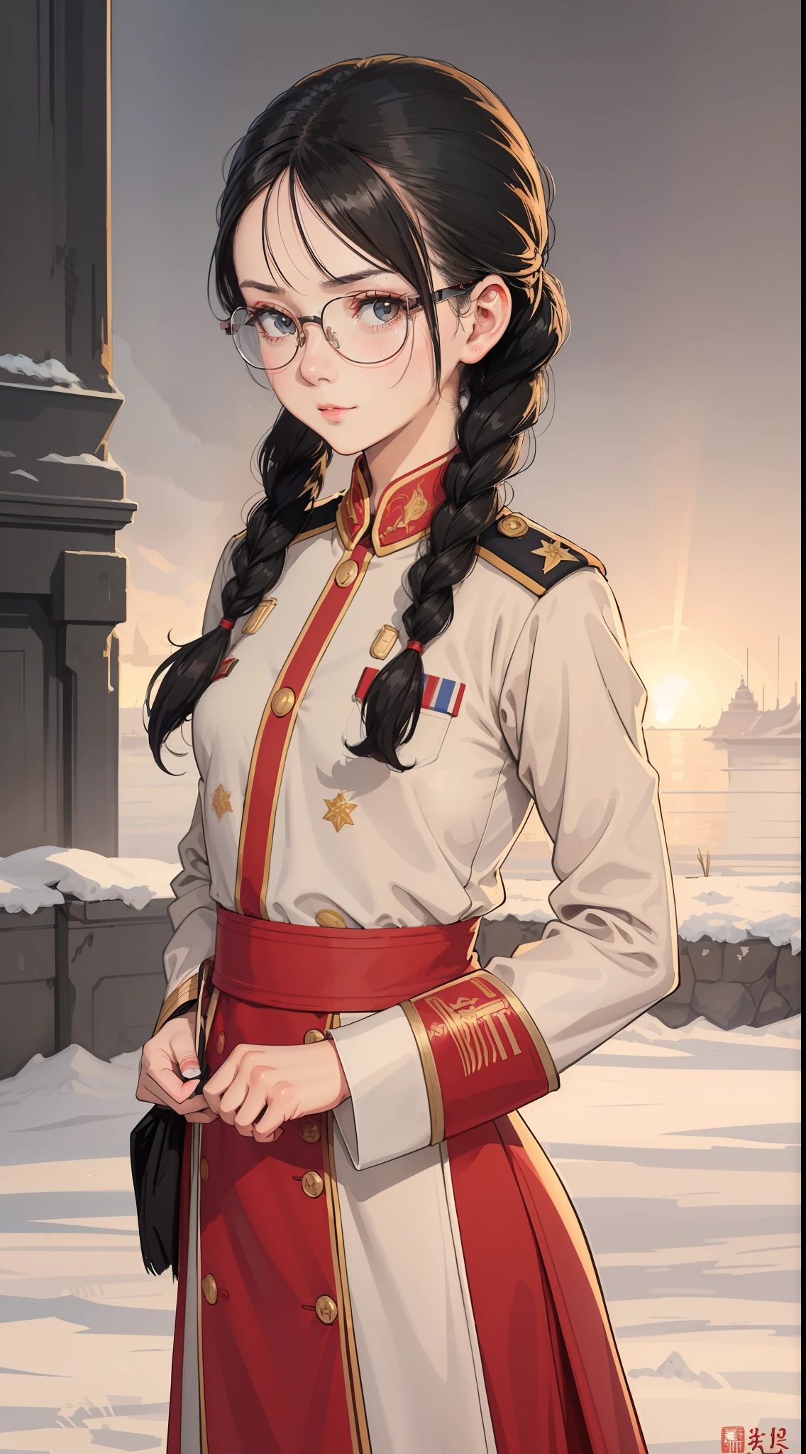 Adult,Polite Costume,Pia Hairstyle,Standing on the Rink,Government Agency,Deep Intelligence,Discreet Facial Expression,Respectful Face,War,Fighter Plane Small,Black Hair,Smooth Pony Hairstyle,Double Braided Hairstyle,Top Fine Eyes,Straight Bob Pony Hairstyle,Red Glasses Wear,Dark Green Eyes),Authoritarian Society,Long Shot,Beautiful Delicate Face with Detail, Beautiful Delicate Eyes with Detail, Perfect Face Proportions, High Fine Skin, Fine Skin, Best Four Finger to One Thumb Ratio,Masterpiece, Highly Detailed, Realistic,(World War II Soviet General Uniform Reference: 1.8)
