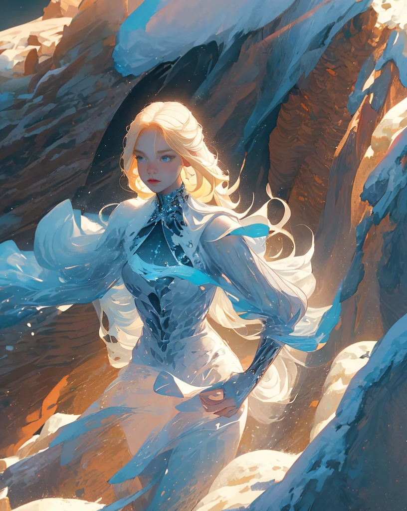 “Create a breathtaking masterpiece featuring a strikingly pretty young woman and her monsterous companion, with flowing backlit blonde hair, in a dynamic and emotional pose. Utilize stunning particle effects and a high-quality artistic composition that highlights the woman's motion as she stands atop snow-covered rocks.”