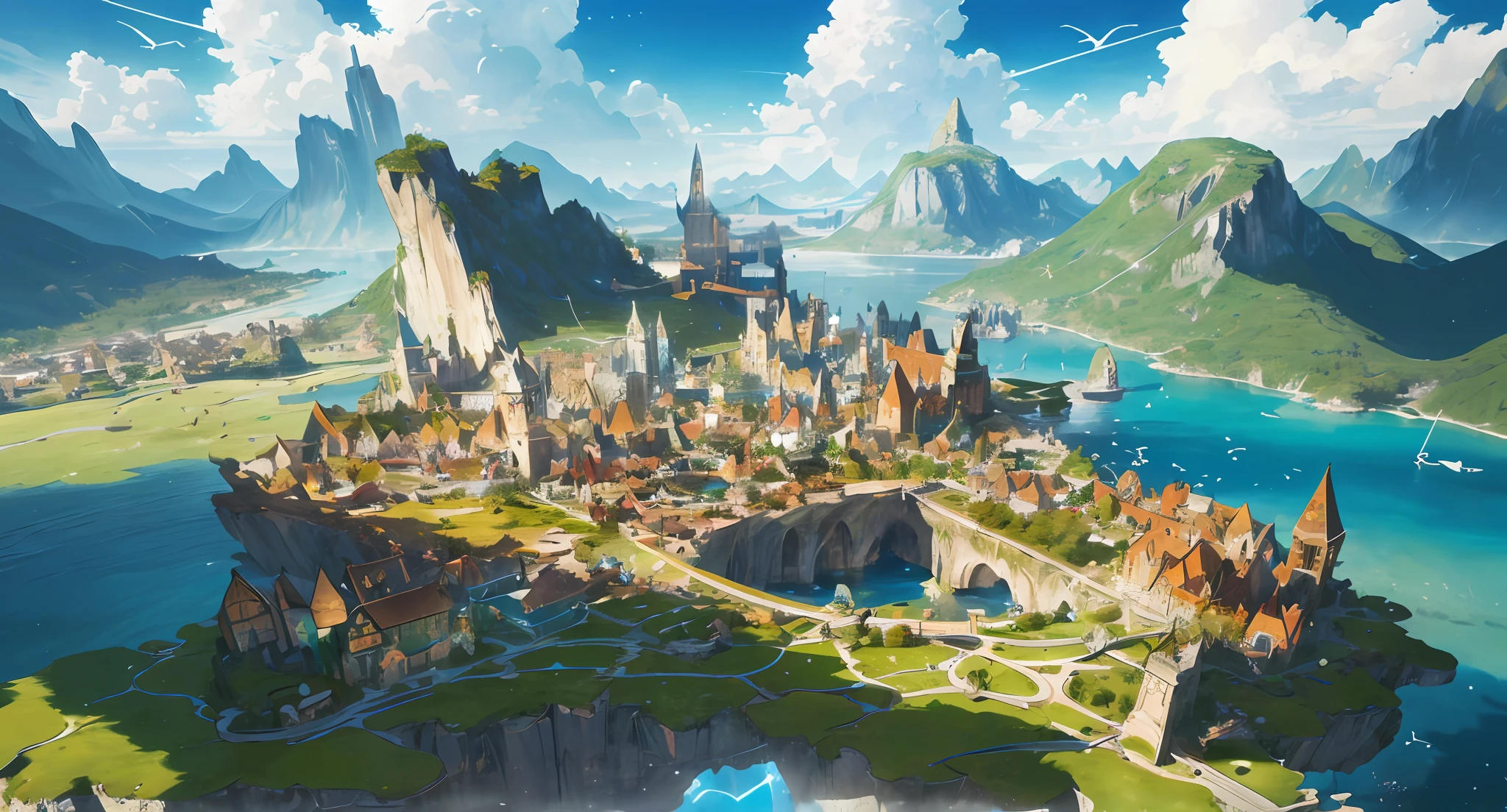 highres, ((materpiece)), ((4k)), best quality:1.2, cinematic lighting:0.9, amazing shadows, caravaggio style shadowing, ((amazing perspective:1.2)),
BREAK
depict a magical floating city in the sky, surrounded by sun and clouds, (vivid, colorful small island floating around), complex glass buildings:1.2, warm ambiance, iridescent light, ((green plants and colorful trees growing around)), ((amazing light, kaleidoscope)), fantasy art, official gme art, concept art:1.2
BREAK
depict a beautiful glass city with birds flying in the blue sky. create flags with a logo on it representing the city. gives this image a sense of traveling, and inspiration.