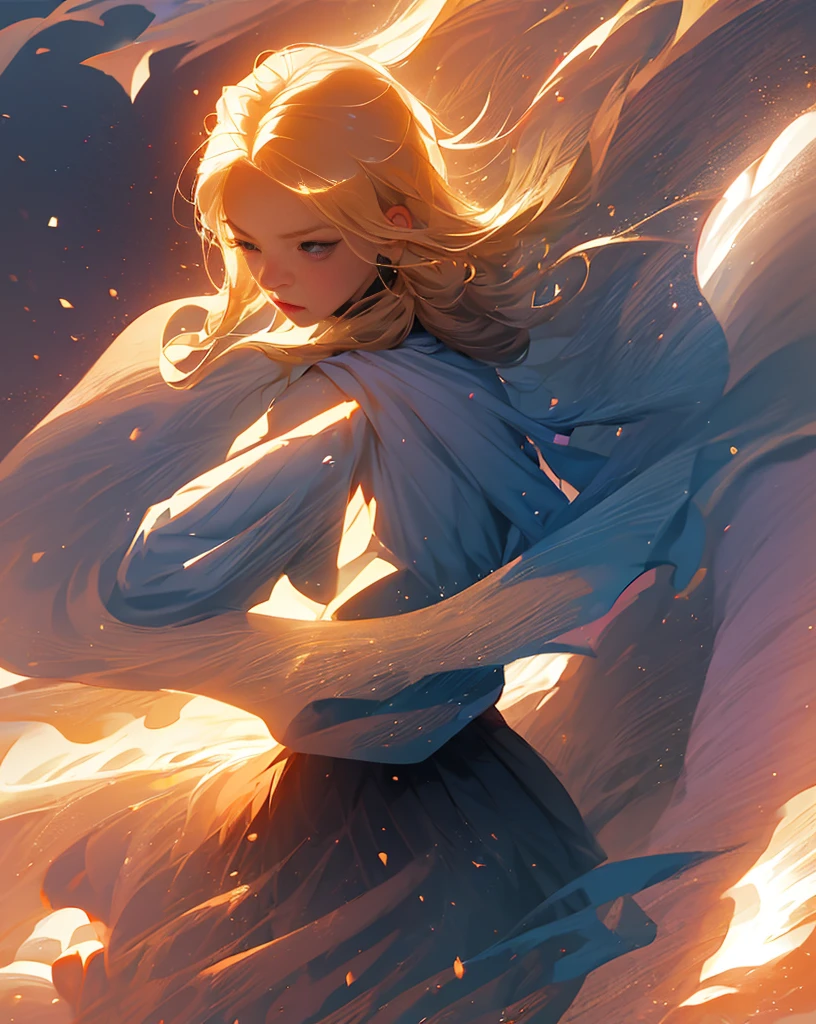 artwork of a pretty young woman, striking, artistic composition, emotional image, active, motion, particles, backlit blonde hair,masterpiece,highest quality,(1girl),(emotional expression),beautiful picture