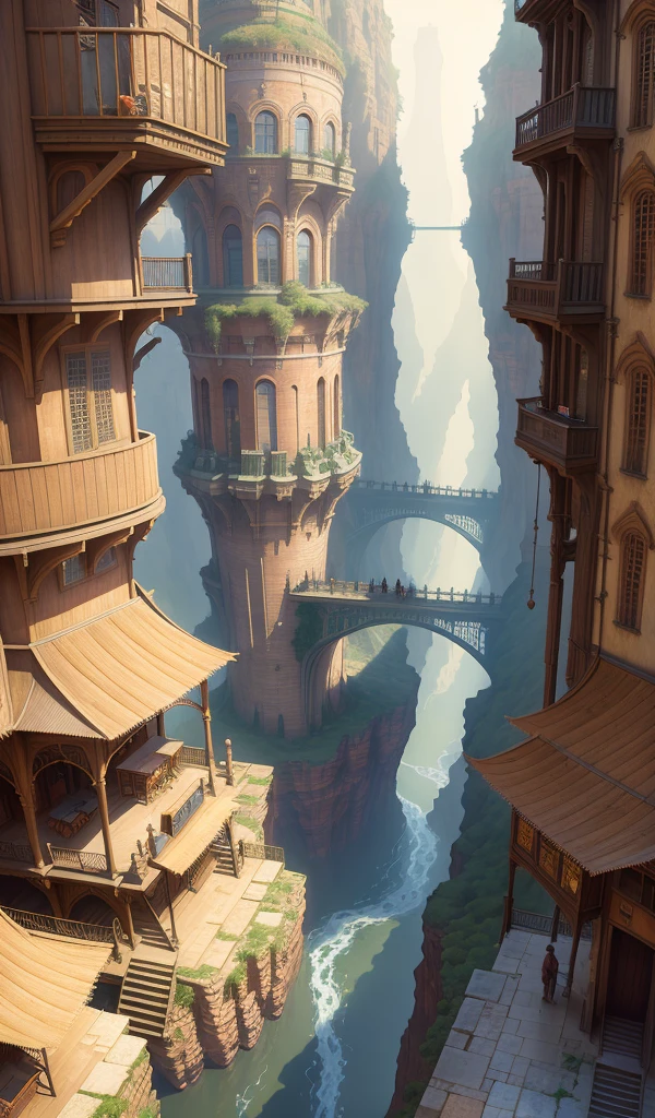 ((masterpiece)),((best quality)),((high detial)),((realistic,)) Industrial age city, deep canyons in the middle, architectural streets, bazaars, Bridges, rainy days, steampunk, European architecture
