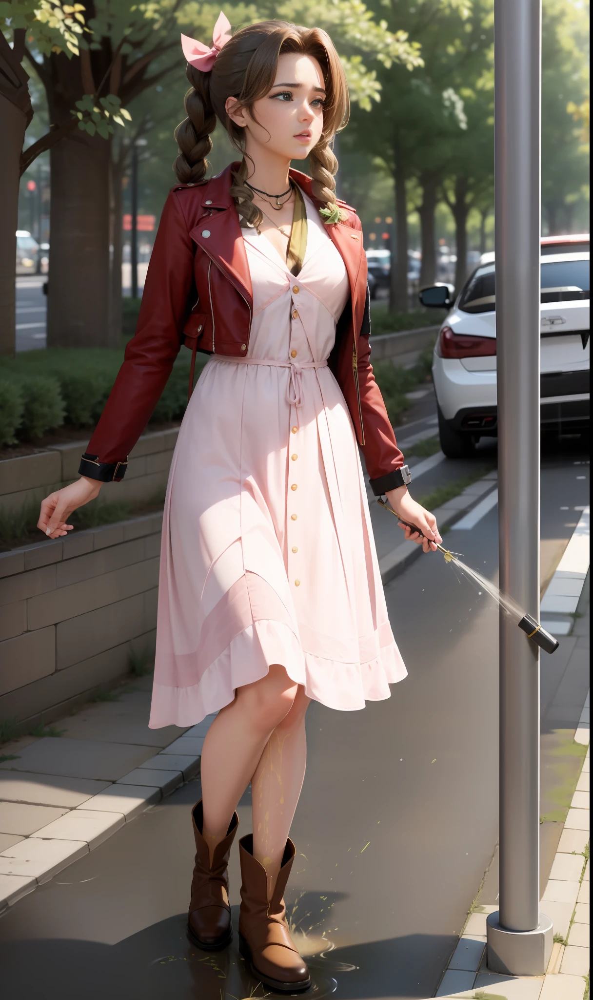 CG, perfect atwork, perfect female figure, Aerith Gainsboroug hholding small flower basket, peeing herself, peeing down her legs, surrounded by other people, standing in very busy midgar city street, bright green eyes, sunny, choker, cropped jacket, hair bow, bracelet, pink dress, brown ankle boots, looking down nervously, shy, embarrassed aroused and shocked, outdoors, standing legs crossed, a small puddle of her own urine is forming around her feet on the dry ground, very desperate to pee, peeing, wetting herself, urination, streaming tears, scared, despair, panicking, high detail, anime, Realism, anime style, Hyperrealism, masterpiece, highres, UHD, anatomically correct, high quality, super detail, high details, best quality, highres, award winning, 8k, textured skin