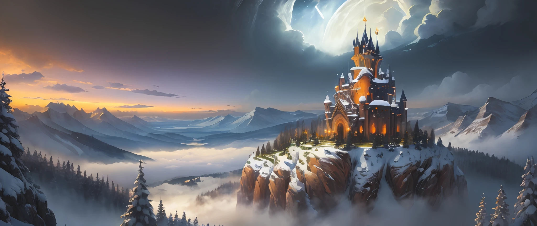 (masterpiece, illustration, best quality, detailed,highres:1.4), in the distance
colorful, vibrant, lush, volumetric lighting, contrast, 
From a distance, depth of field 
scenery, landscape painting, concept art, intricate tiny details, stylized, 
cloudy skies, moonlit night starry skies
Fantasy, ancient kingdom city [colosseum,sagrada,basilica] scenery
snow, waterfall, 
blooming trees grass flowers 
 Rocky Mountains and forest snow in the background 
   , (fantasy magic:1.4)