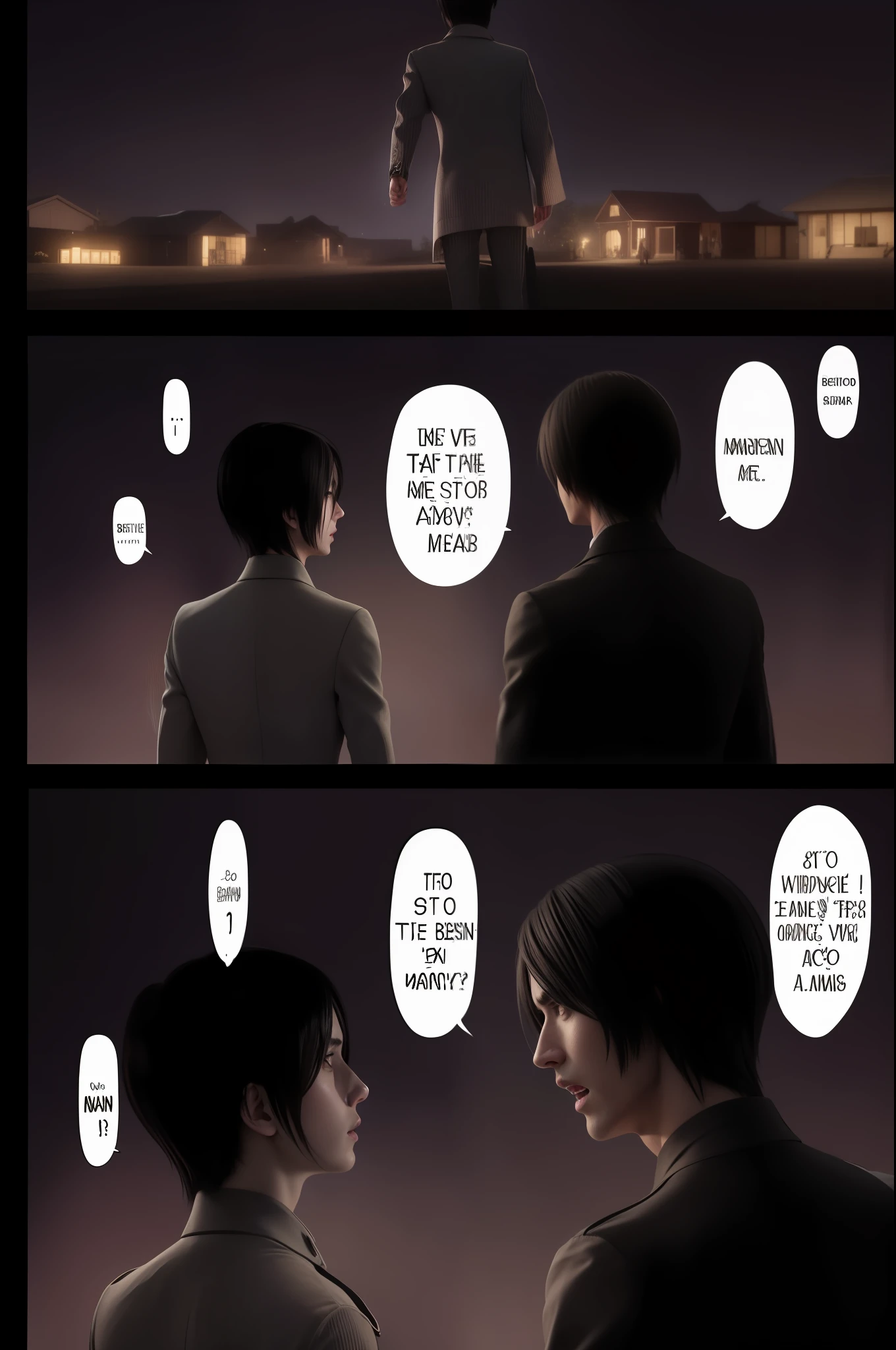best quality, masterpiece, (realistic: 1.2), 1 man, Eren Jaeger, real life, live action, black jeans, black pants, brown hair, attack on Titan, cold background, black jacket, slim body, high definition, high quality, black clothes, Mikasa Ackerman, Eren looking at Mikasa, what am I to you scene, gigachad Eren