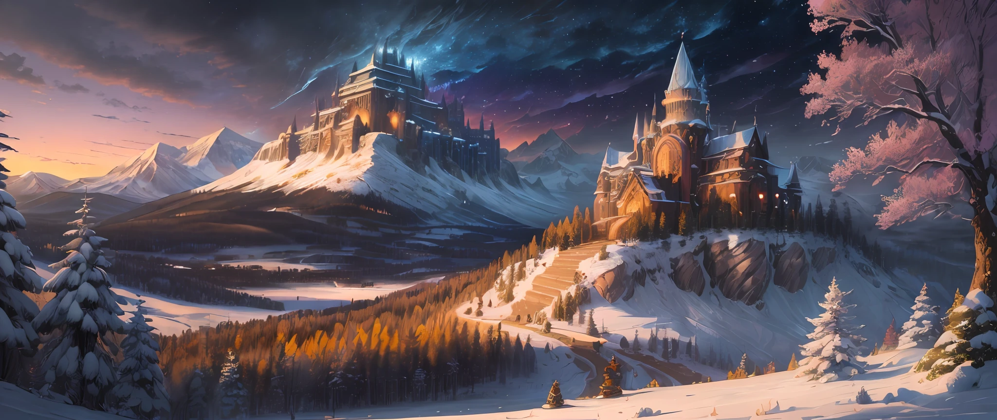 (masterpiece, illustration, best quality, detailed,highres:1.4), in the distance
colorful, vibrant, lush, volumetric lighting, contrast, 
From a distance, depth of field 
scenery, landscape painting, concept art, intricate tiny details, stylized, 
cloudy skies, moonlit night starry skies
Fantasy, ancient kingdom city [colosseum|sagrada|basilica] scenery
snow, waterfall, 
blooming trees grass flowers 
 Rocky Mountains and forest snow in the background 
   , (fantasy magic:1.4)