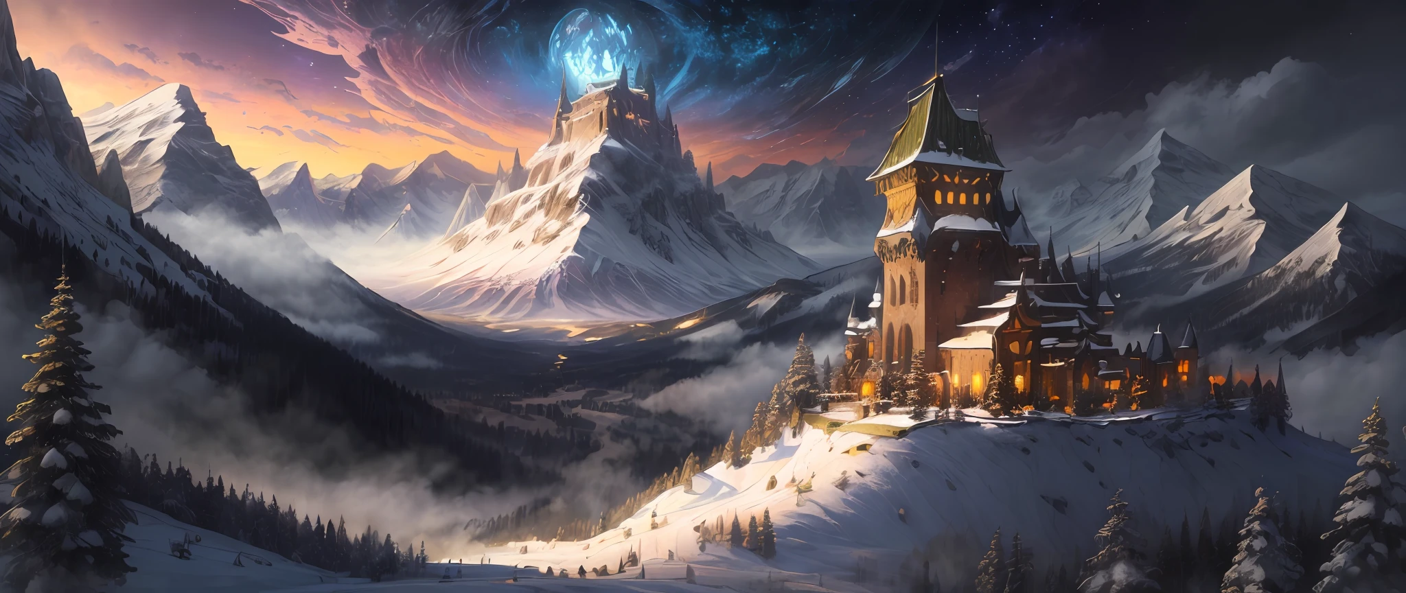 (masterpiece, illustration, best quality, detailed,highres:1.4), in the distance
colorful, vibrant, lush, volumetric lighting, contrast, 
From a distance, depth of field 
scenery, landscape painting, concept art, intricate tiny details, stylized, 
cloudy skies, moonlit night starry skies
Fantasy, ancient kingdom city [colosseum|sagrada|basilica] scenery
snow, waterfall, 
blooming trees grass flowers 
 Rocky Mountains and forest snow in the background 
   , (fantasy magic:1.4)