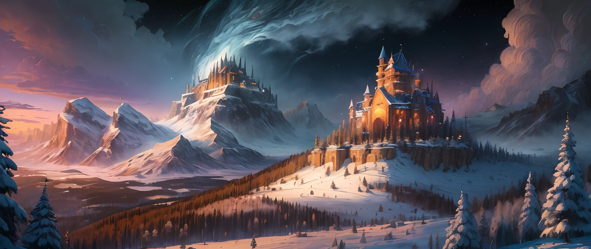 (masterpiece, illustration, best quality, detailed,highres:1.4), in the distance
colorful, vibrant, lush, volumetric lighting, contrast, 
From a distance, depth of field 
scenery, landscape painting, concept art, intricate tiny details, stylized, 
cloudy skies, moonlit night starry skies
Fantasy, ancient kingdom city [colosseum|sagrada|basilica] scenery
snow, waterfall, 
blooming trees grass flowers 
 Rocky Mountains and forest snow in the background 
   , (fantasy magic:1.4)