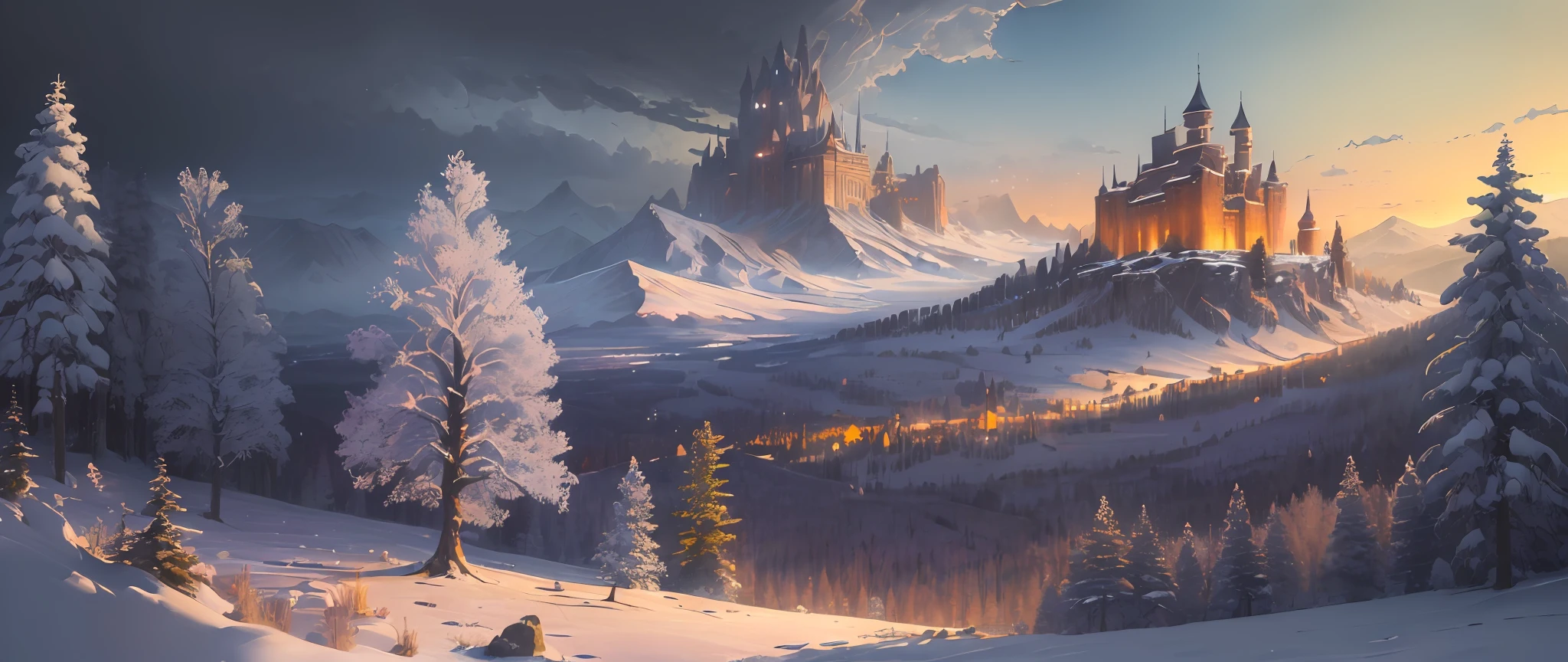 (masterpiece, illustration, best quality, detailed,highres:1.4), in the distance
colorful, vibrant, lush, volumetric lighting, contrast, 
From a distance, depth of field 
scenery, landscape painting, concept art, intricate tiny details, stylized, 
cloudy skies, moonlit night starry skies
Fantasy, ancient kingdom city [colosseum,sagrada,basilica] scenery
snow, waterfall, 
blooming trees grass flowers 
 Rocky Mountains and forest snow in the background 
   , (fantasy magic:1.4)