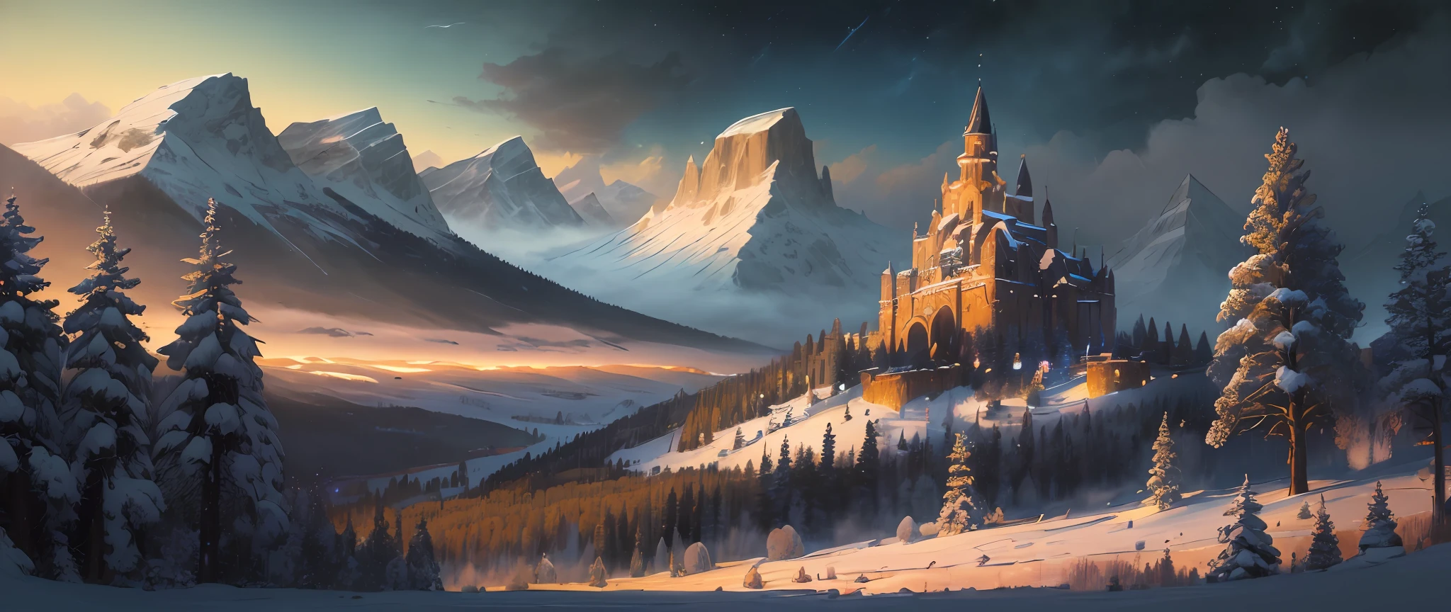 (masterpiece, illustration, best quality, detailed,highres:1.4), in the distance
colorful, vibrant, lush, volumetric lighting, contrast, 
From a distance, depth of field 
scenery, landscape painting, concept art, intricate tiny details, stylized, 
cloudy skies, moonlit night starry skies
Fantasy, ancient kingdom city [colosseum,sagrada,basilica] scenery
snow, waterfall, 
blooming trees grass flowers 
 Rocky Mountains and forest snow in the background 
   , (fantasy magic:1.4)