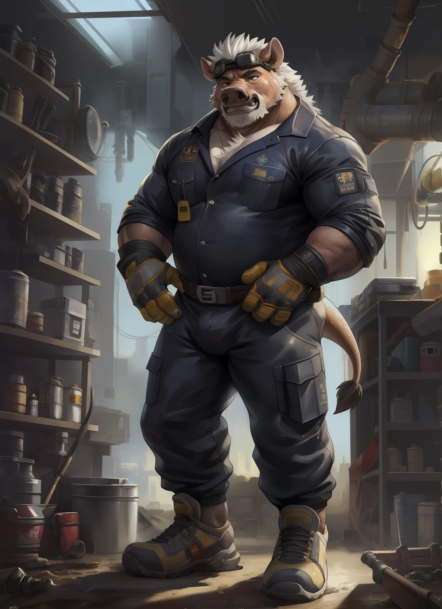 masterpiece,bust portrait, best quality, ultra-detailed, illustration,kemono:1.4, 1male,anthro (boar), (boar face), nasty ,mess,smelled,(long tusk ),solo,dirt, grime, oil, stains, sweat, exhaust, trchnician,(yellowing,sweaty,lossening, white technician clothing),((pure white)), gloomy,dim,loose-fitting,work suit, voluptuous, strong,powerful, body,detailed black eyeballs,standing, detailed boar tail, work shoes, messy, workshop, industrial,metallic, gloves, goggles, protective,equipment, machinery, tools, sparks, pipes, industrial fashion, sci-fi, cyberpunk, dystopian, 8k hd, dark shadows, wide dynamic range, hdr, 低光:1.2, by Pino Daeni, (by ruaidri), by virtyalfobo