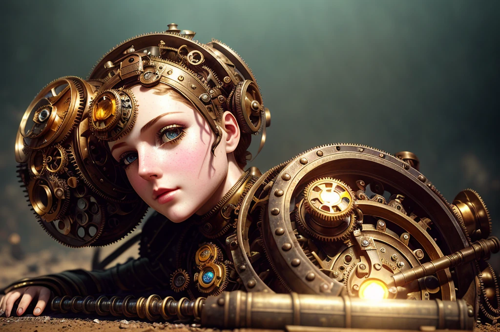 steampunk, machine scrap, lying a beautiful doll, worn (mechanical gear: 1.2), [emb-rrf2], style-glass, full body, wide angle lens, dramatic, backlit, subsurface scattering, realistic face, (detail face), (very detailed: 1.2), painting, photo realistic