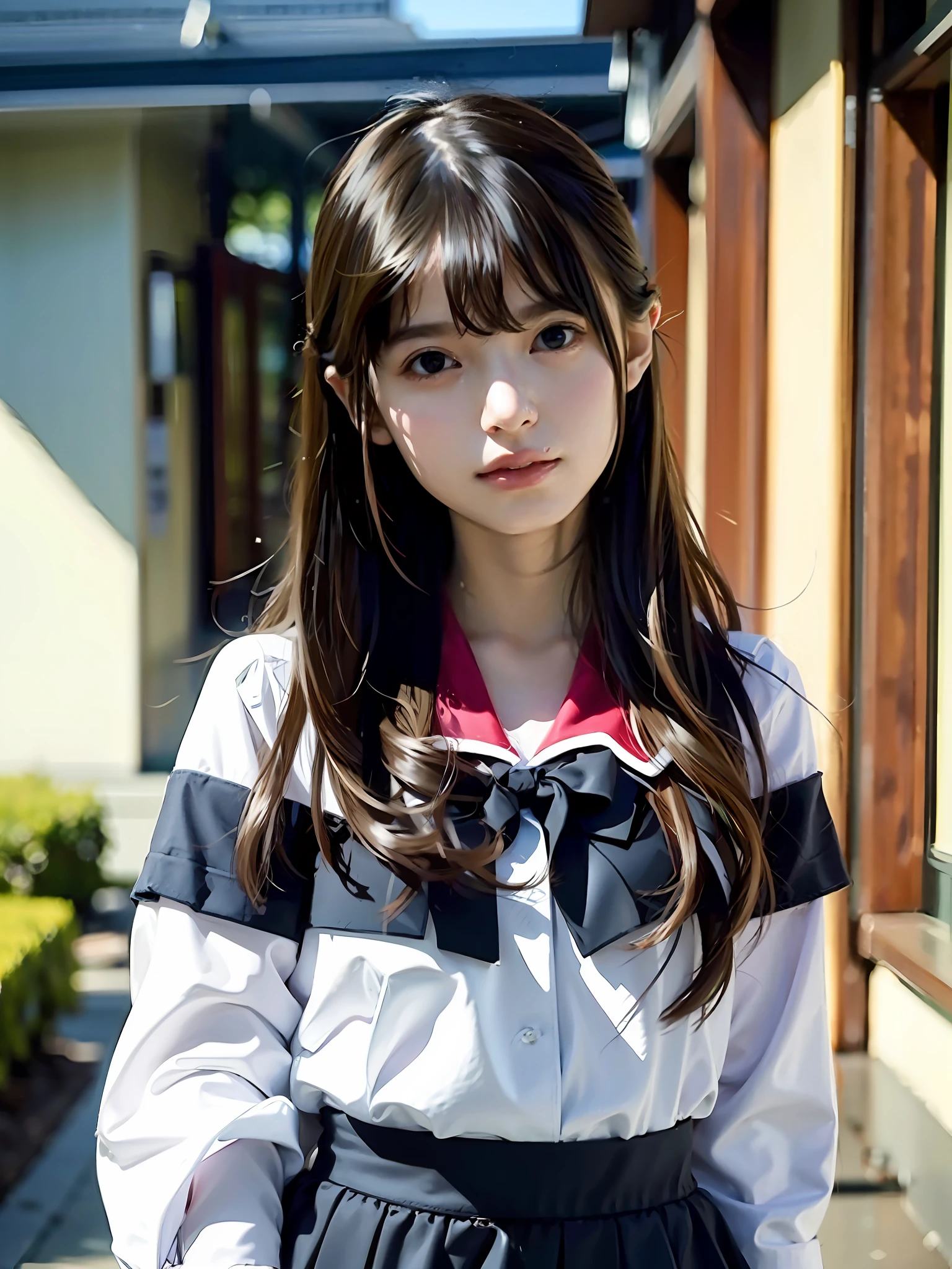 1girl, solo,(best quality),(masterpiece:1.1), full body, looking_at_viewer, dynamic angle, school uniform, cute, clear facial skin,