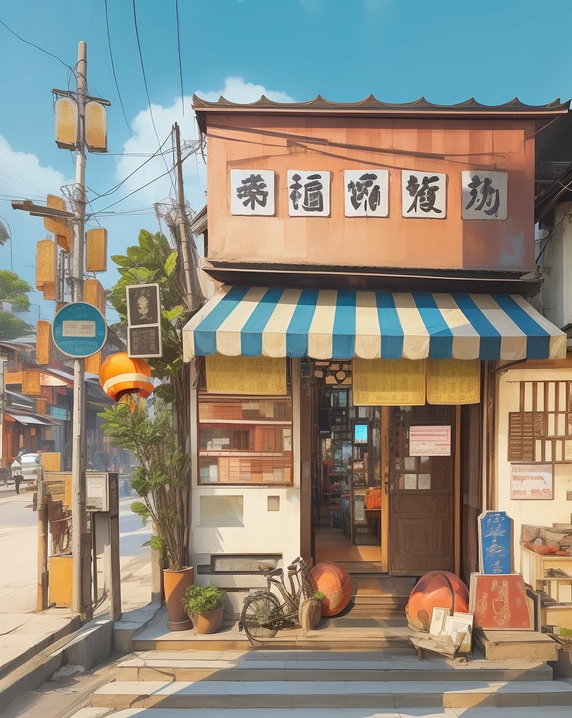 thailand building masterpiece, best quality, shop, real world, Charming, modern, (no humans:1), Thailand-style modern stree, tbustling street, traditional architecture, lanterns, old-fashioned wooden signs, modern atmosphere.,