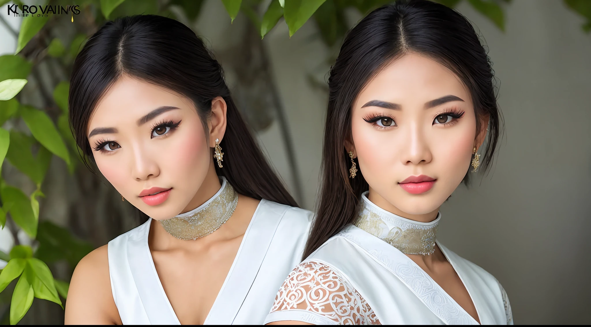 a beautiful young Asian woman with blond hair and a bodybuilder physique, wearing a Vietnamese traditional white dress, kao dai,, full body, cinematic medium close-up portrait, Key light, backlight, natural lighting, photography 400 ISO film grain 30mm lens RAW aperture f1.8, art photographer, movie still poster from Lord of the Rings, medium intricate print, choker
