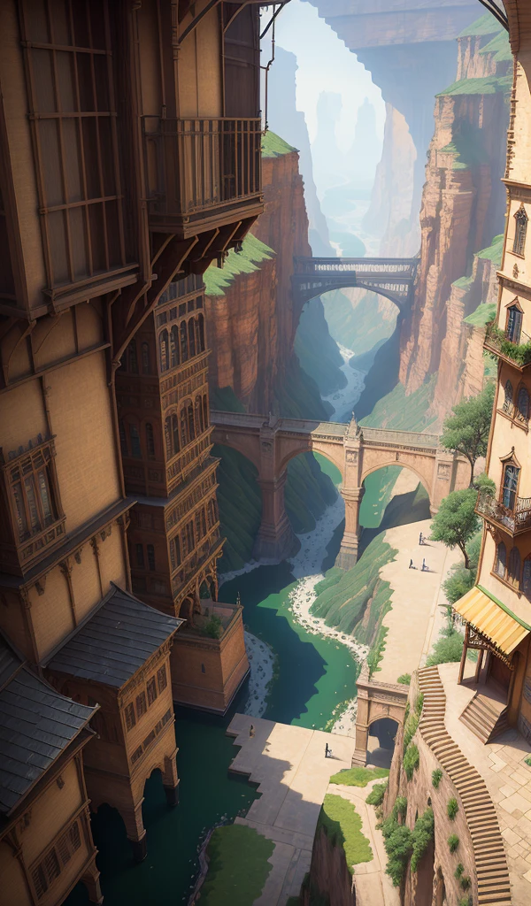 ((masterpiece)),((best quality)),((high detial)),((realistic,)) Industrial age city, deep canyons in the middle, architectural streets, bazaars, Bridges, rainy days, steampunk, European architecture