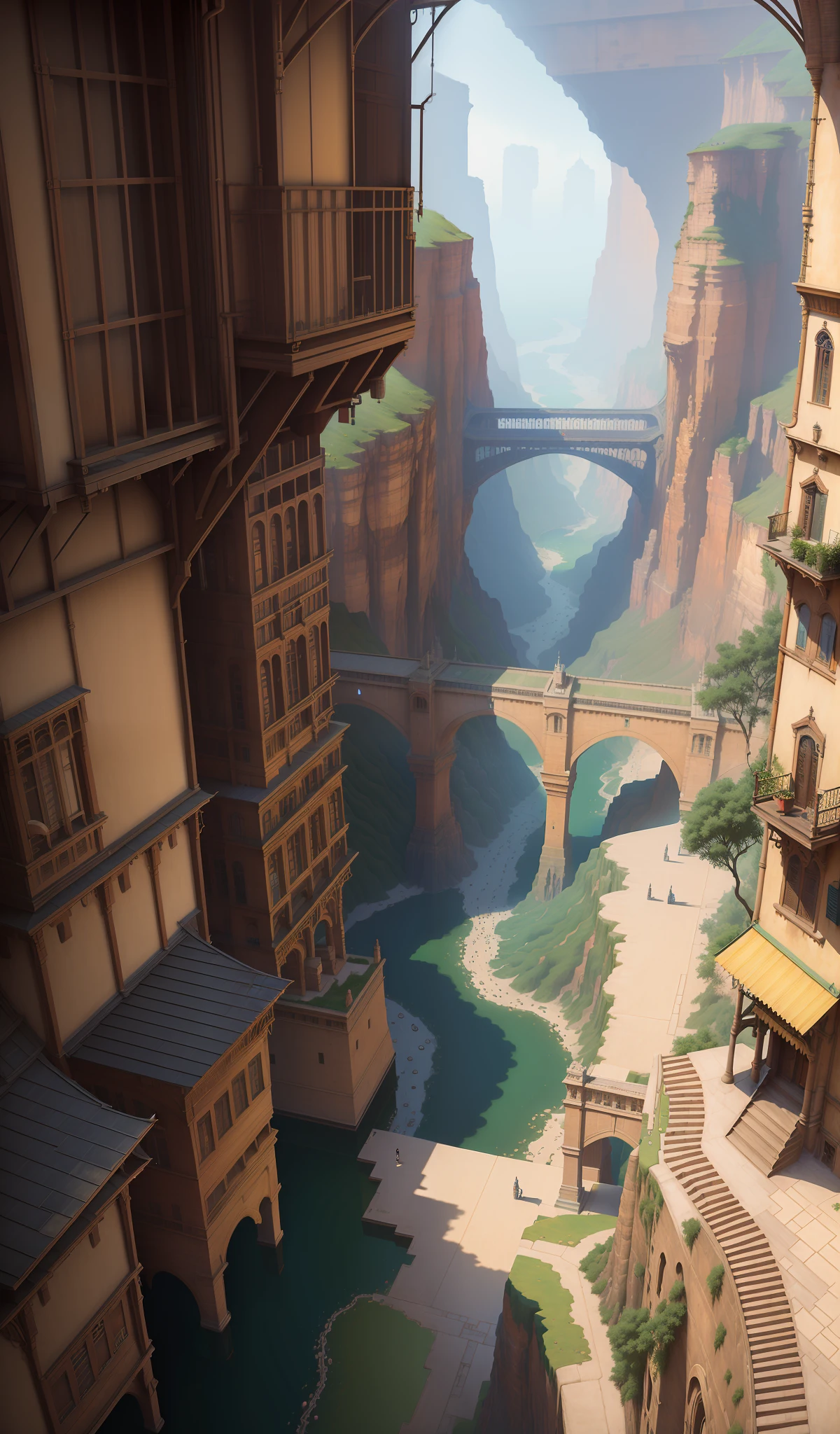 ((masterpiece)),((best quality)),((high detial)),((realistic,)) Industrial age city, deep canyons in the middle, architectural streets, bazaars, Bridges, rainy days, steampunk, European architecture