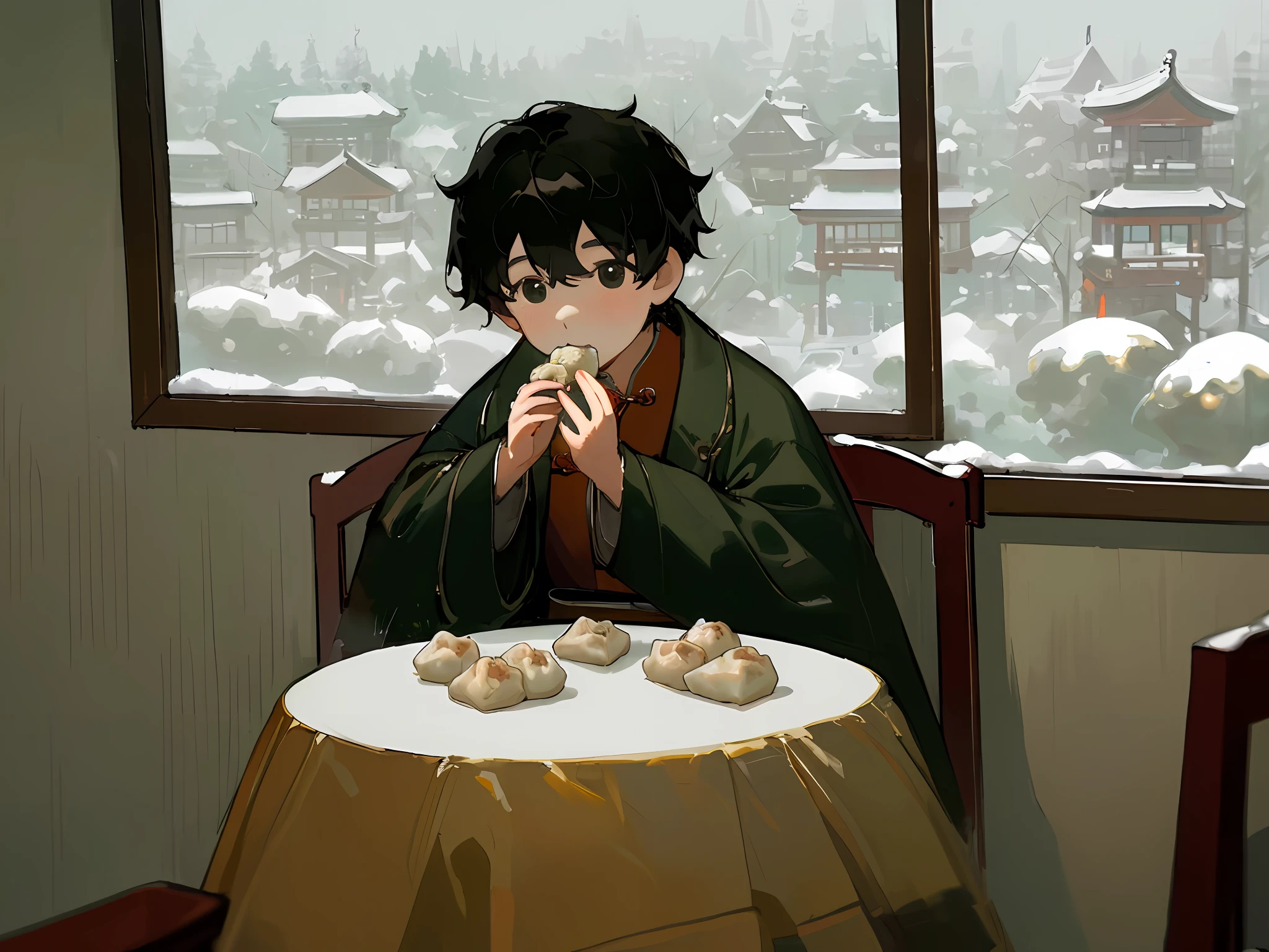 8k, masterpiece, high quality, a boy, black hair and black eyes, oil painting, Q version, green long-sleeved cotton coat, Chinese children's clothing, sitting at the dining table, eating dumplings with chopsticks, snow outside the window