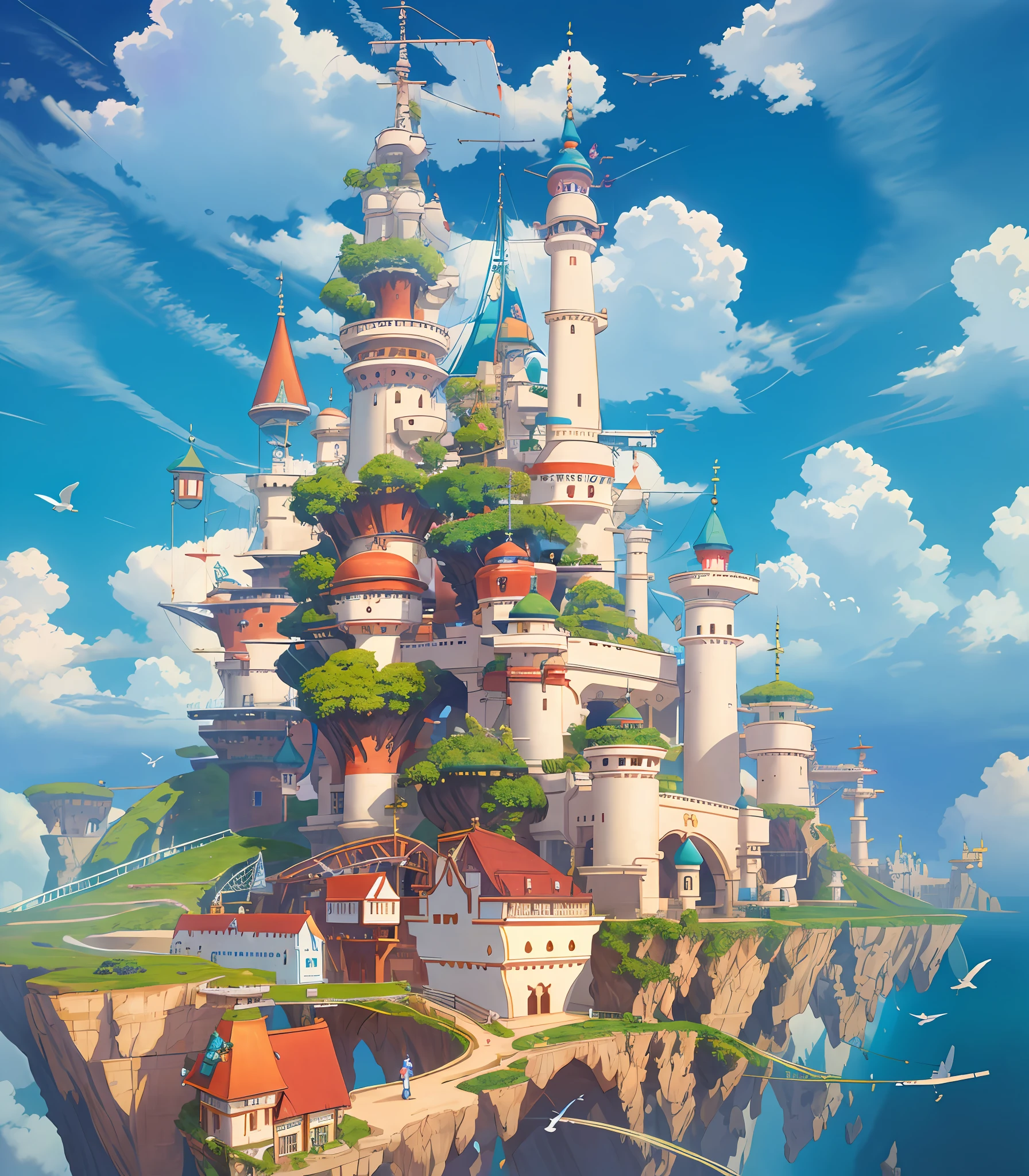 Many islands suspended in the air, Hayao Miyazaki, city, fantasy, magical plant growth, extreme detail, realistic light, epic composition, (intricate detail), (intricate design, ultra-detail: 1.2), art station , (Masterpiece, Best Quality), Ultra HD, 32k --v 6