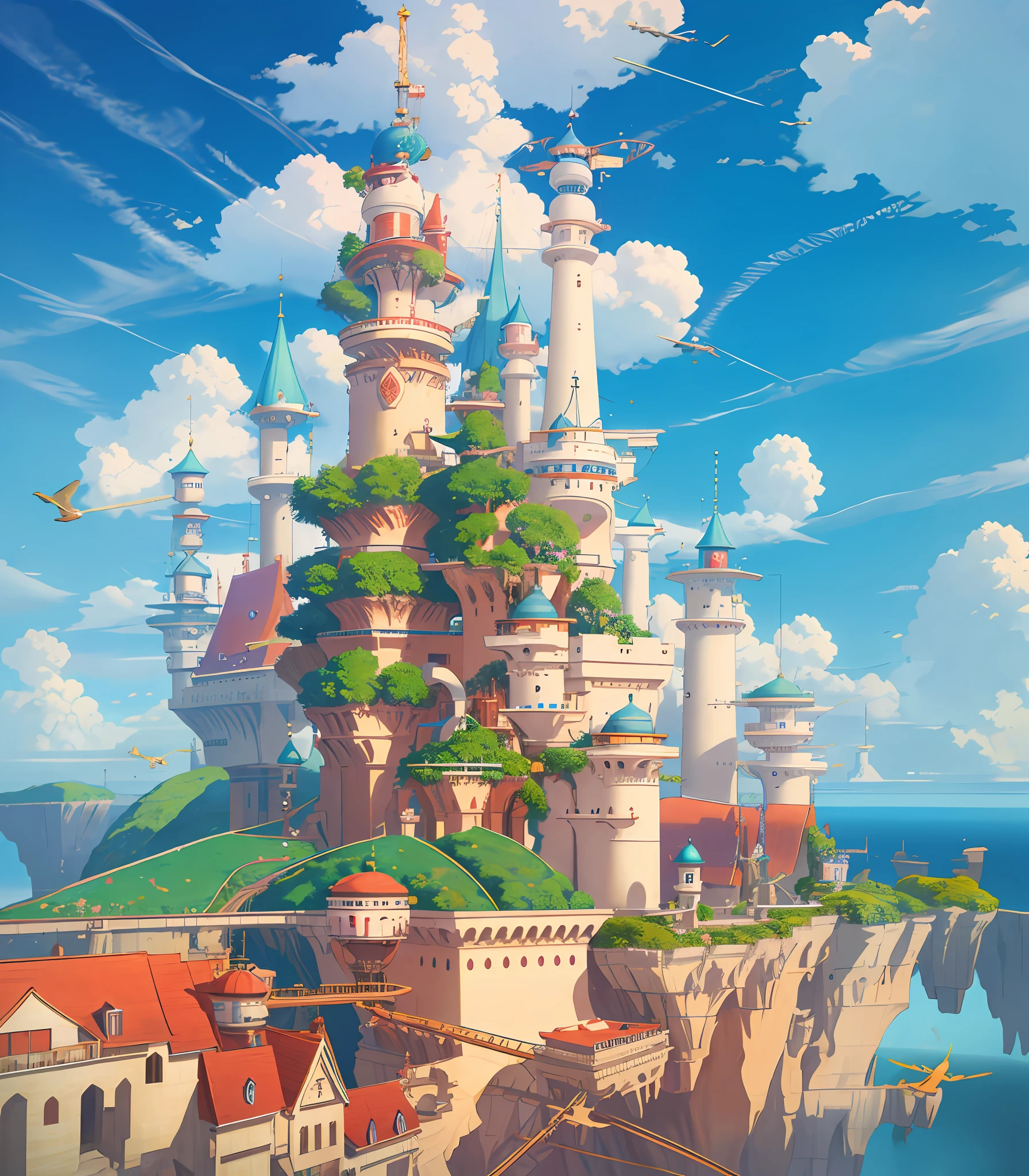 Many islands suspended in the air, Hayao Miyazaki, city, fantasy, magical plant growth, extreme detail, realistic light, epic composition, (intricate detail), (intricate design, ultra-detail: 1.2), art station , (Masterpiece, Best Quality), Ultra HD, 32k --v 6