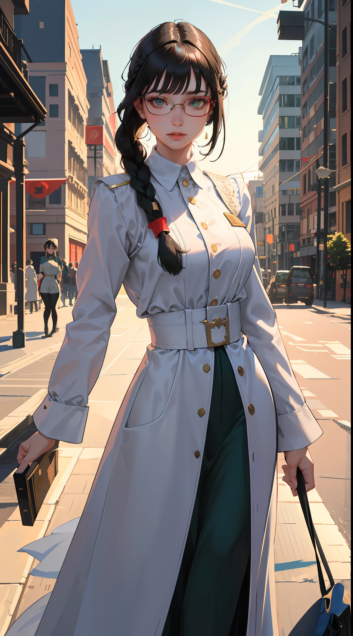 non-,adult,modest costume,white coat,braided hairstyle,bangs front hair,standing on the tarmac,government agency,deeply intelligent,discreet facial expression,respectful face,war,fighter plane Dark Green Eyes,Black Hair,Smooth Poggy Hairstyles,Double Braided Hairstyles,Top Fine Eyes,Straight Bob Pony Hairstyles,Red Glasses Wearing,Dark Green Eyes),Authoritarian Society,Long Distance,Beautiful Delicate Face with Detail, Beautiful Delicate Eyes with Detail, Perfect Face Proportions, High Fine Skin, Fine Skin, Best Four Finger to One Thumb Ratio,Masterpiece, Highly Detailed, Realistic,(Reference to World War II Soviet General Uniform: 1.8)