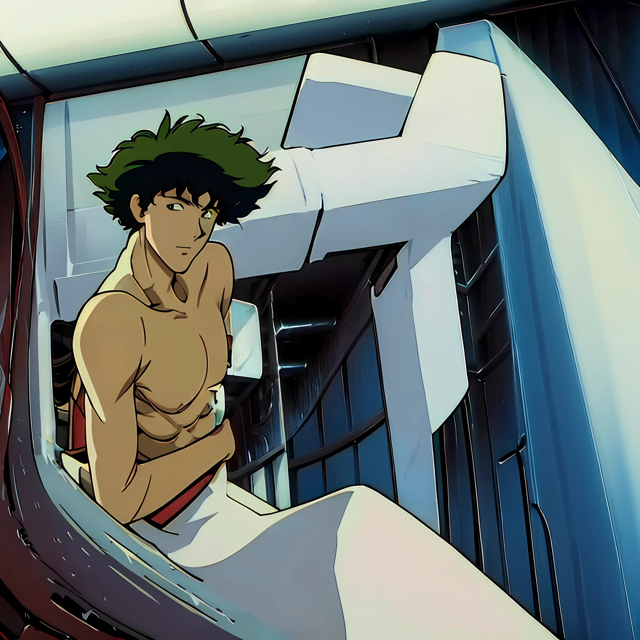 1boy, 1person, solo male, spike spiegel, looking at viewer, blush, naked, chiseled body, muscles,, laying down, bed, bedsheets
