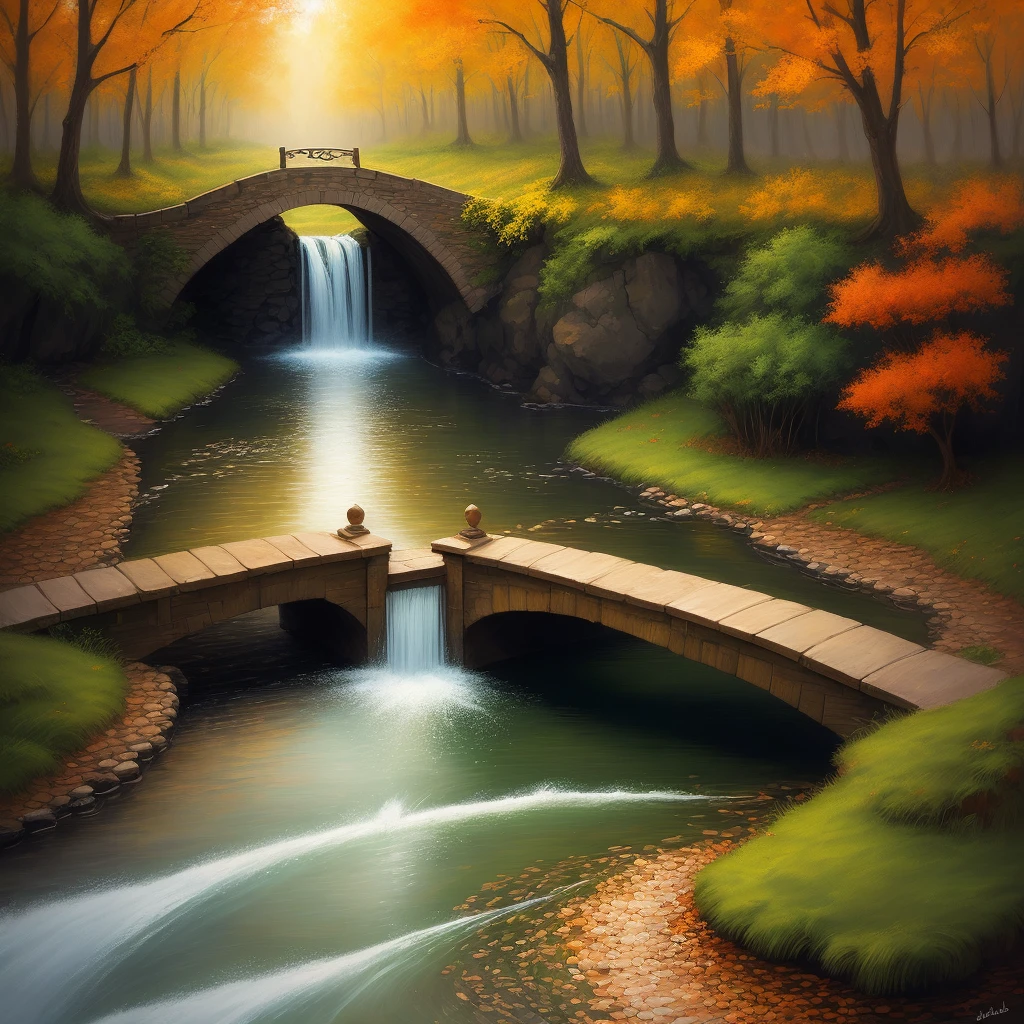 Small bridges flowing water, art, warm colors