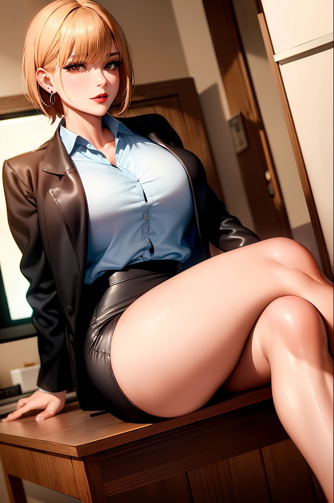 (masterpiece, best quality:1.2), 1girl, solo, sitting, office chair, desk, computer, coffee mug, short hair, large lips, bangs, blonde hair, brown eyes, large breasts, blue shirt, labcoat, pencil skirt, earrings, mole under eye, makeup, lipstick, red lips, legs crossed, leaning over,