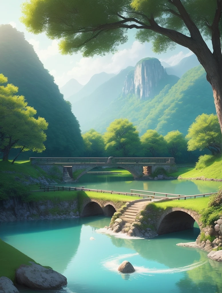 In the vast fields, the turquoise rice fields shine like stars holding the moon. A quaint stone bridge flying over the turquoise rice sea, full of ancient meaning. A delicate watermill spun lightly, and the brisk sound of hitting came from time to time. A huge old tree stands majestically in the field, and its majesty is awe-inspiring. The small bridge of the river flows water, the gurgling water is crystal clear, and there are gentle ripples on the surface of the water. There are several young women washing clothes by the river, and their graceful figure is even more beautiful in the reflection of the setting sun. The whole picture exudes a fresh and natural breath of life, giving people a beautiful feeling of being close to nature and pursuing innocence.