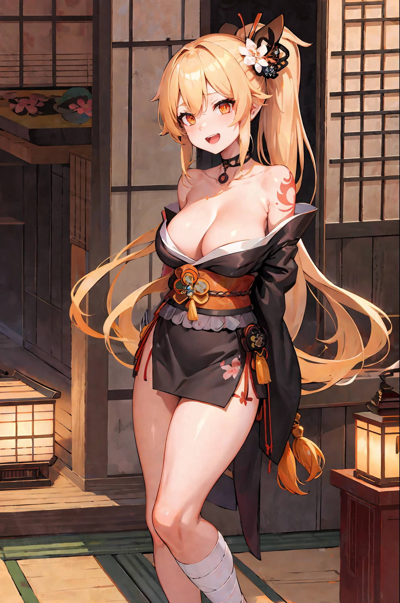 masterpiece, best quality, highres, 1girl, blonde hair, medium hair, asymmetrical hair, floating hair, hair between eyes, high ponytail, sidelocks, hair ornament, fish hair ornament, tassel, kanzashi, bangs, orange eyes, open mouth, smile, teeth, upper teeth only, choker, red choker, pendant choker, butterfly choker, collarbone, tattoo, chest tattoo, flower tattoo, cleavage, medium breasts, thighs, bandages, bandaged leg, sarashi, budget sarashi, chest sarashi, black sash, hadanugi dousa, houkisei, japanese clothes, kimono, kinchaku, obi, obiage, obijime, orange kimono, pouch, print kimono, rope, sash, shimenawa, short kimono, single bare shoulder, vision (genshin impact), east asian architecture, cherry blossoms, full body, arms behind back, bondage