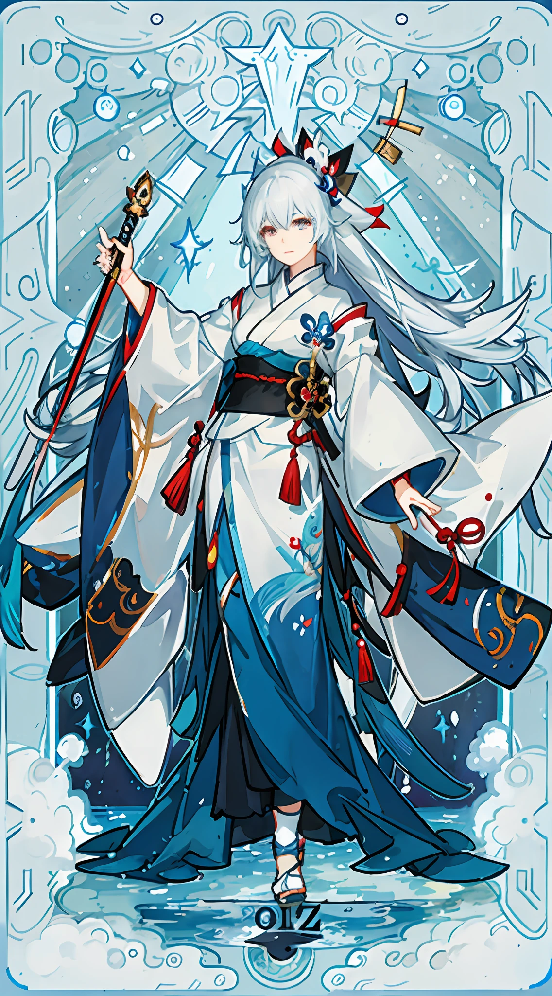 arafed woman in a blue and white outfit holding a sword, concept art by Shitao, pixiv, fantasy art, onmyoji detailed art, onmyoji, onmyoji portrait, guweiz, anime goddess, beautiful alluring anime woman, full body xianxia, guweiz on pixiv artstation